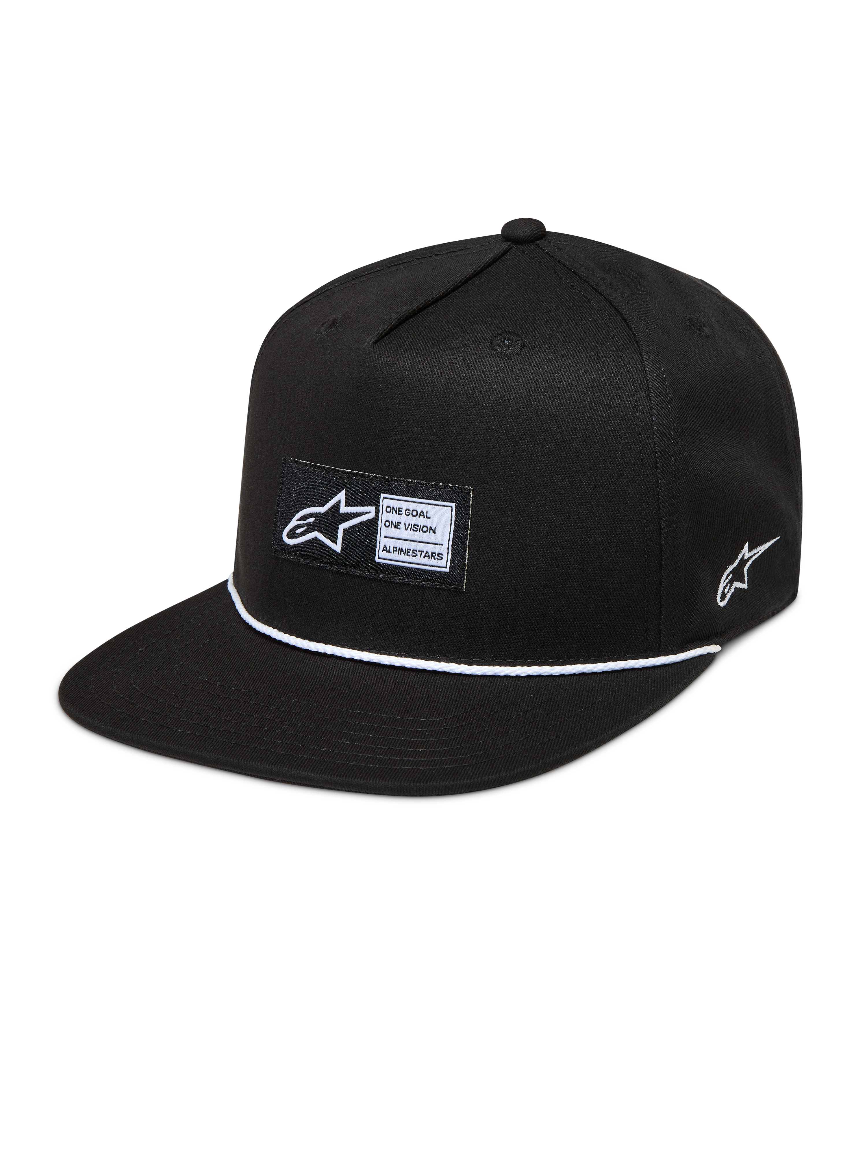 Alpinestars Label Snapback Cappello, cappello nero con visiera piatta, etichetta frontale e cordino bianco, stile sportswear