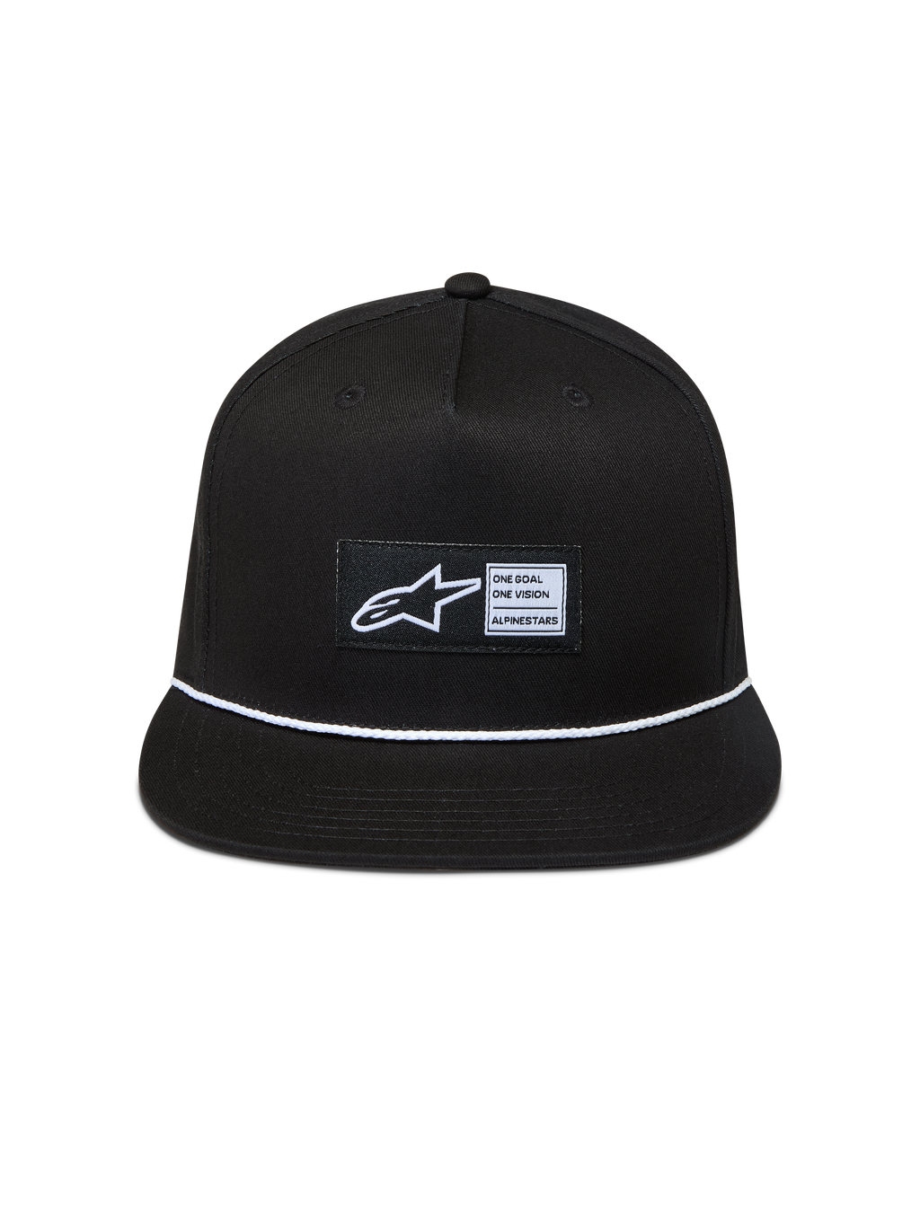 Alpinestars Label Snapback Cappello, cappello nero con visiera piatta, cordino intrecciato bianco ed etichetta frontale con logo Astars, sportswear casual