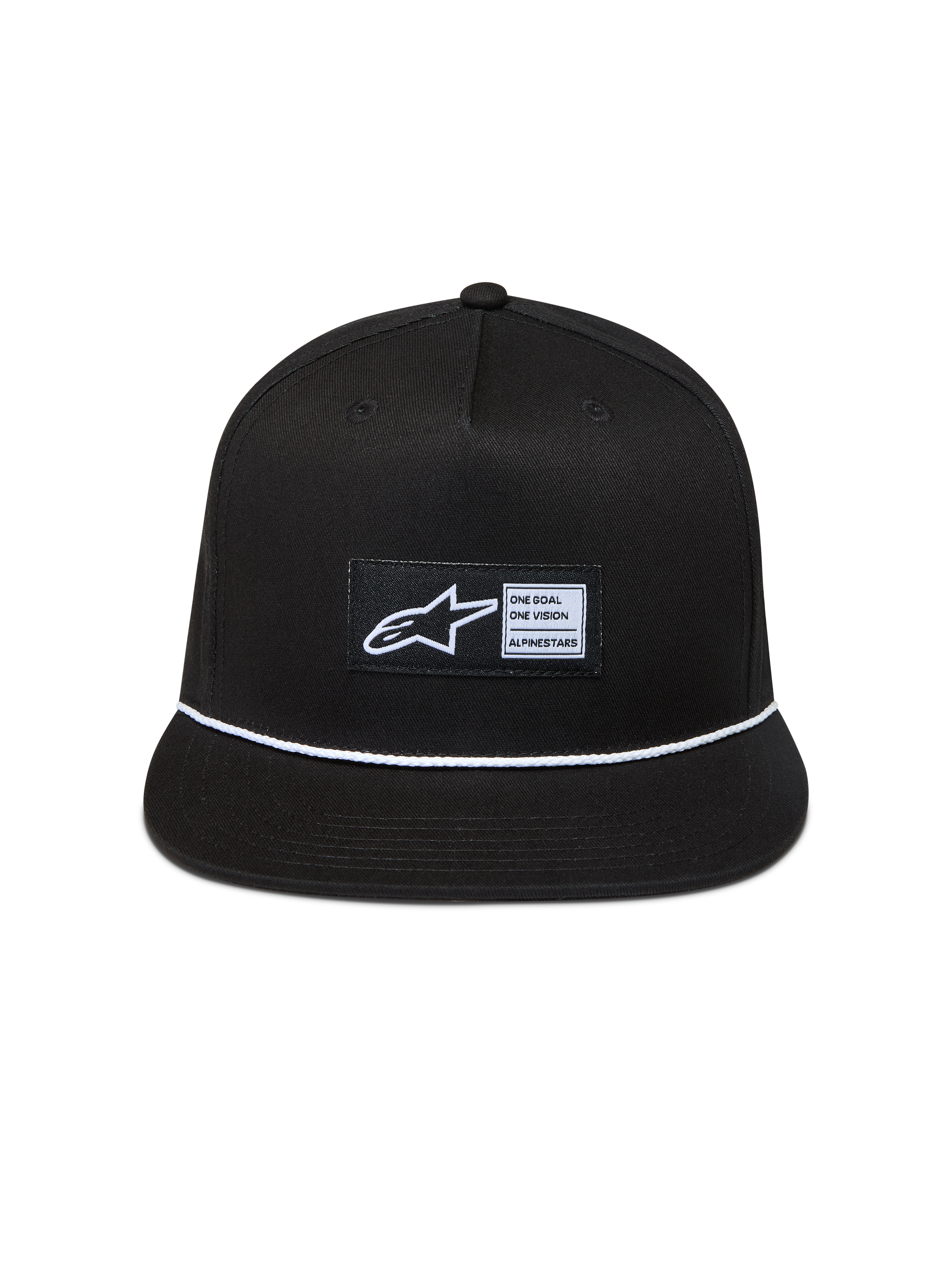 Alpinestars Label Snapback Cappello, cappello nero con visiera piatta, cordino intrecciato bianco ed etichetta frontale con logo Astars, sportswear casual