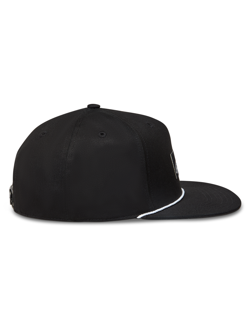Alpinestars Label Snapback Cappello, cappello nero con visiera piatta, corona strutturata e cordino bianco, profilo laterale.
