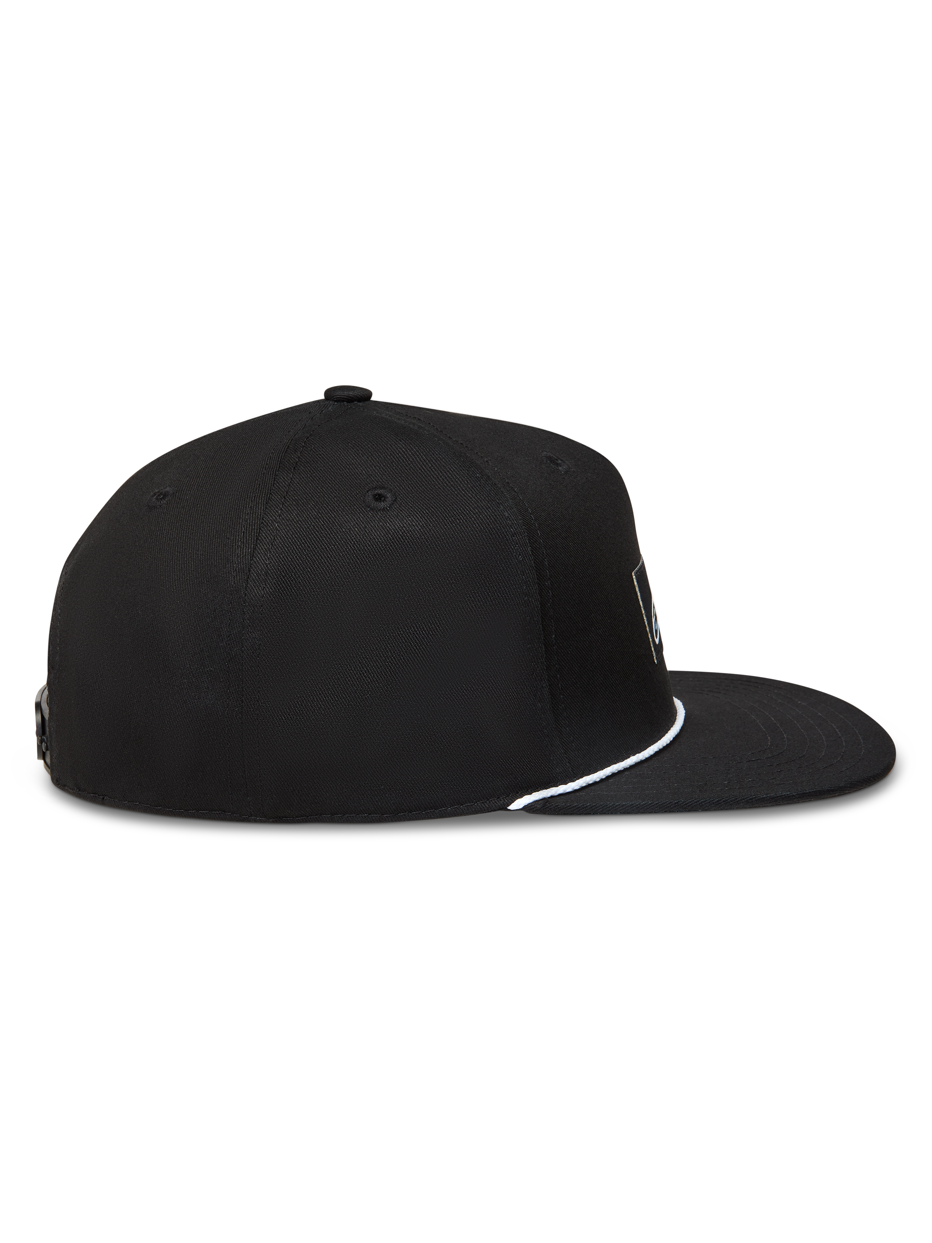 Alpinestars Label Snapback Cappello, cappello nero con visiera piatta, corona strutturata e cordino bianco, profilo laterale.