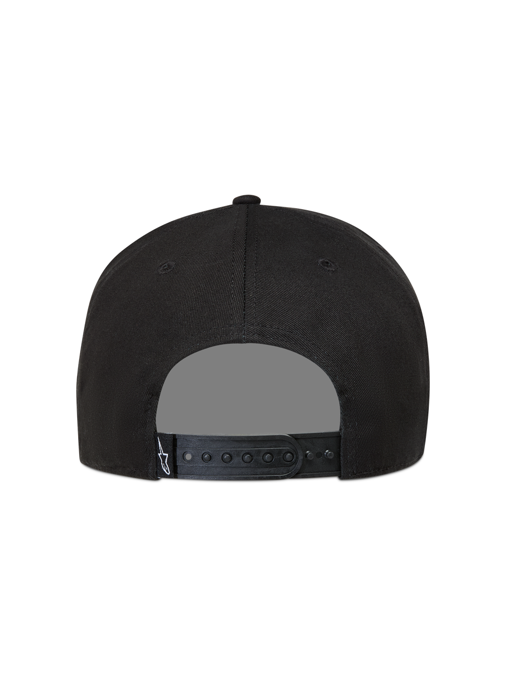 Alpinestars Label Snapback cappello, vista posteriore, nero con chiusura a scatto regolabile ed etichetta logo bianca.