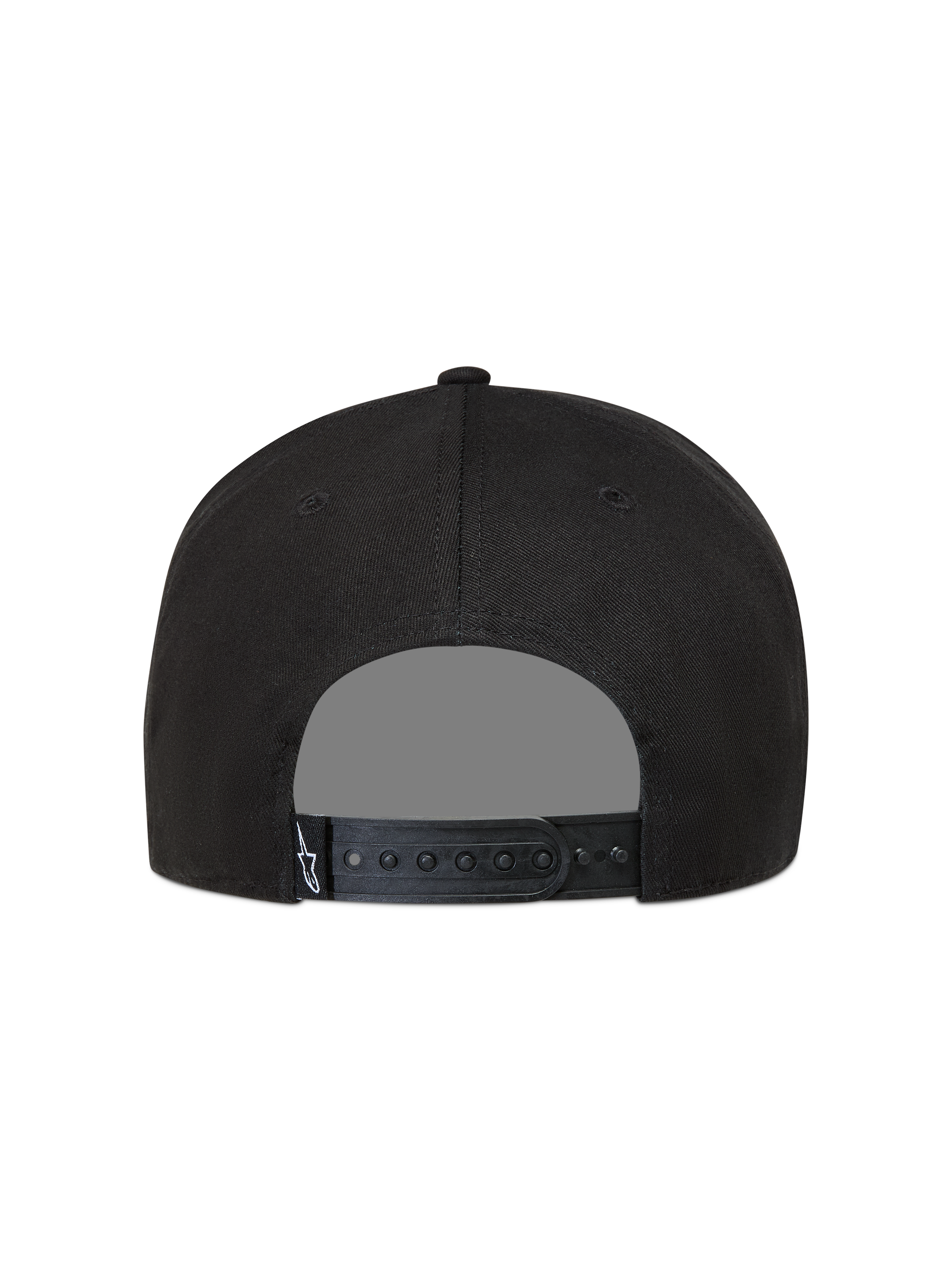 Alpinestars Label Snapback cappello, vista posteriore, nero con chiusura a scatto regolabile ed etichetta logo bianca.