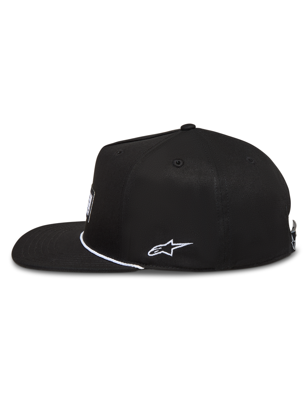 Alpinestars Label Snapback Cappello, cappello nero in twill con visiera piatta, ricamo bianco e stile sportswear.
