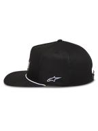 Alpinestars Label Snapback Cappello, cappello nero in twill con visiera piatta, ricamo bianco e stile sportswear.
