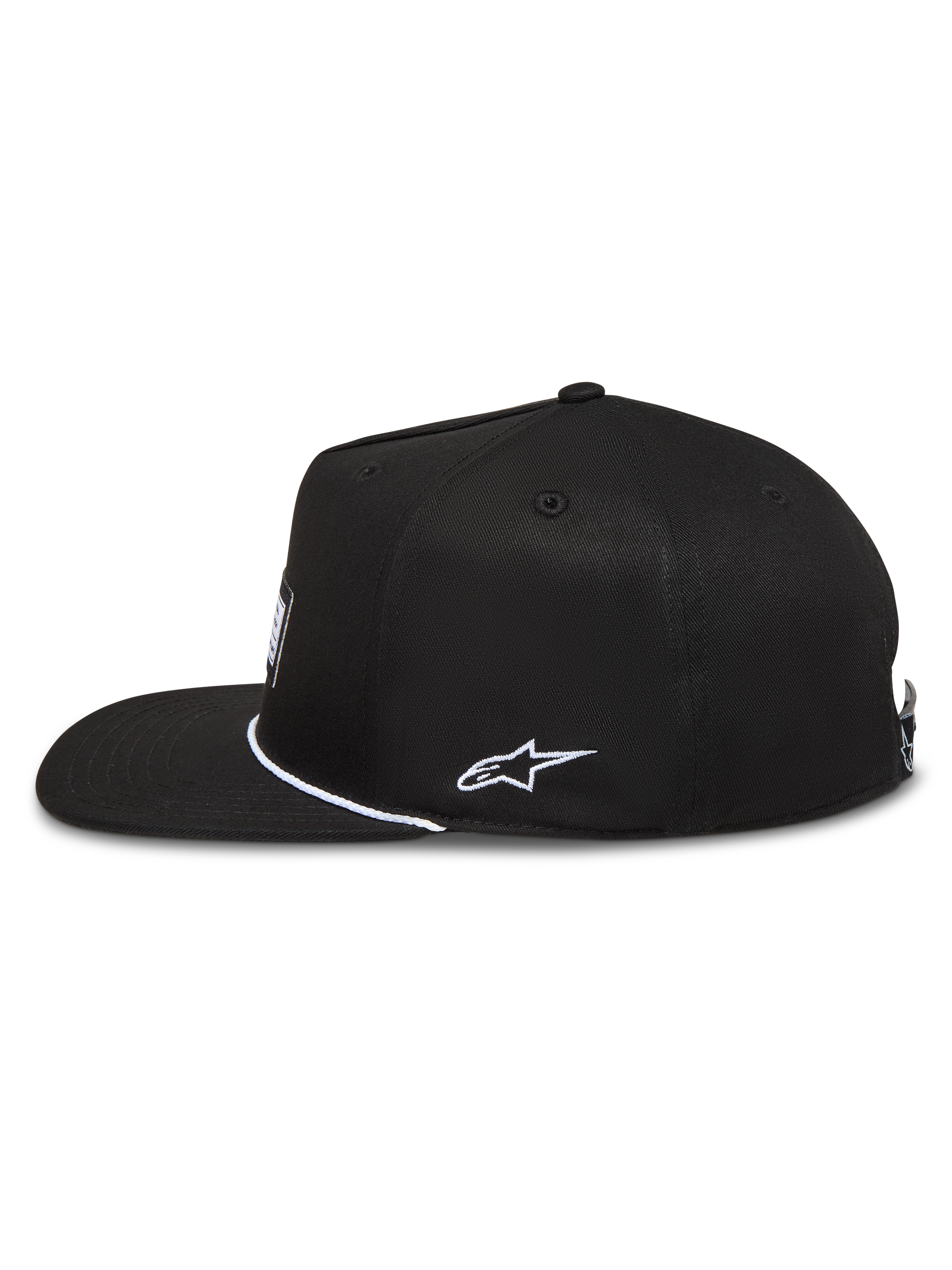 Alpinestars Label Snapback Cappello, cappello nero in twill con visiera piatta, ricamo bianco e stile sportswear.