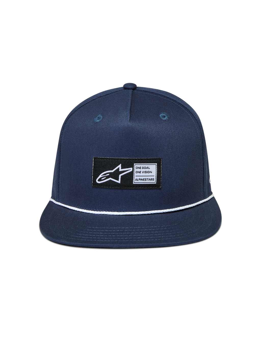 Alpinestars Label Snapback Cappello, cappello in twill blu navy con visiera piatta, dettaglio cordino bianco ed etichetta logo tessuta.