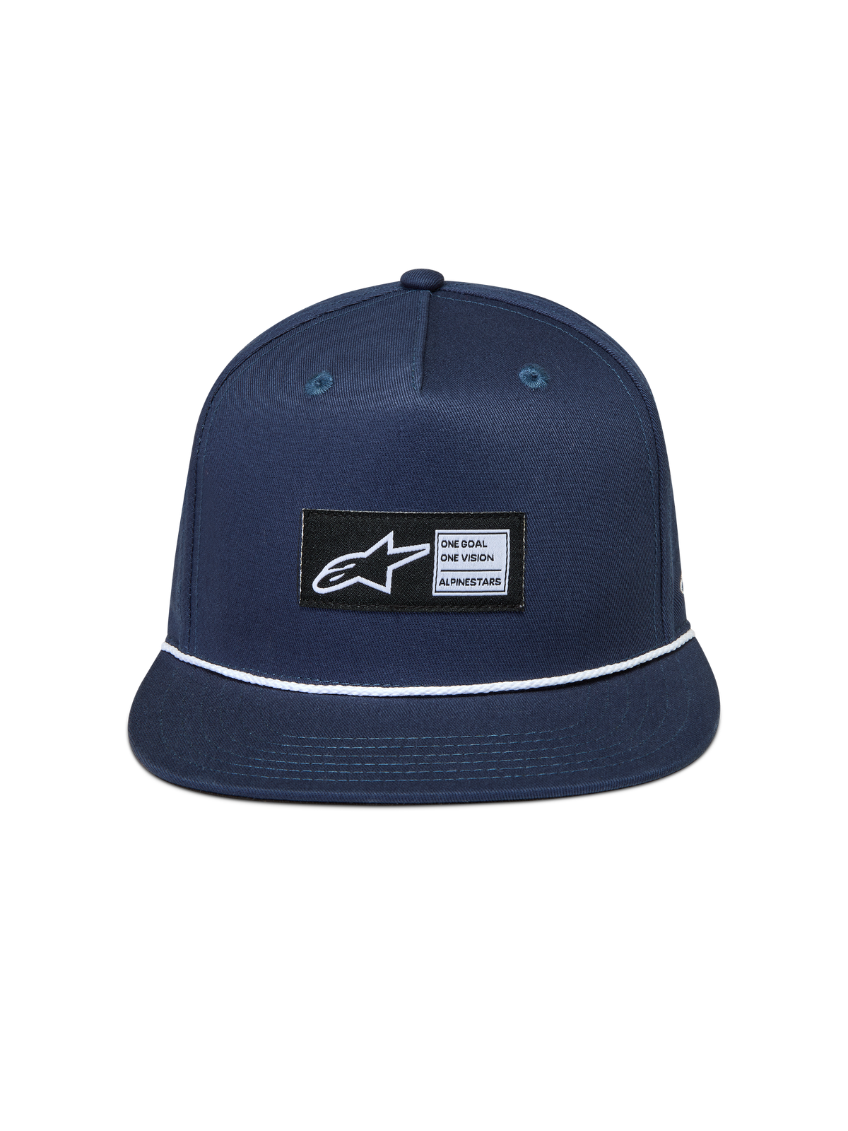 Alpinestars Label Snapback Cappello, cappello in twill blu navy con visiera piatta, dettaglio cordino bianco ed etichetta logo tessuta.