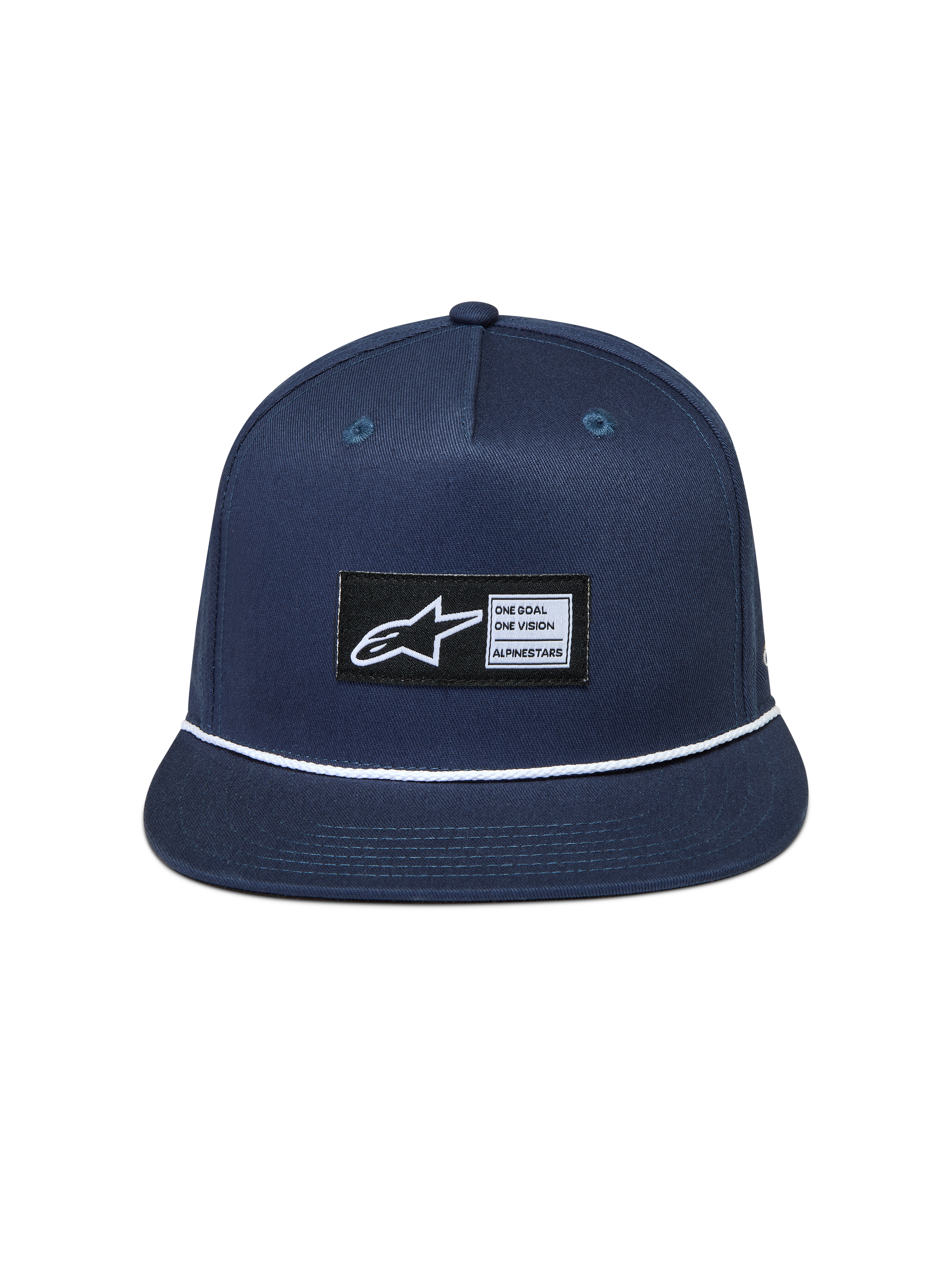 Alpinestars Label Snapback Cappello, cappello in twill blu navy con visiera piatta, dettaglio cordino bianco ed etichetta logo tessuta.