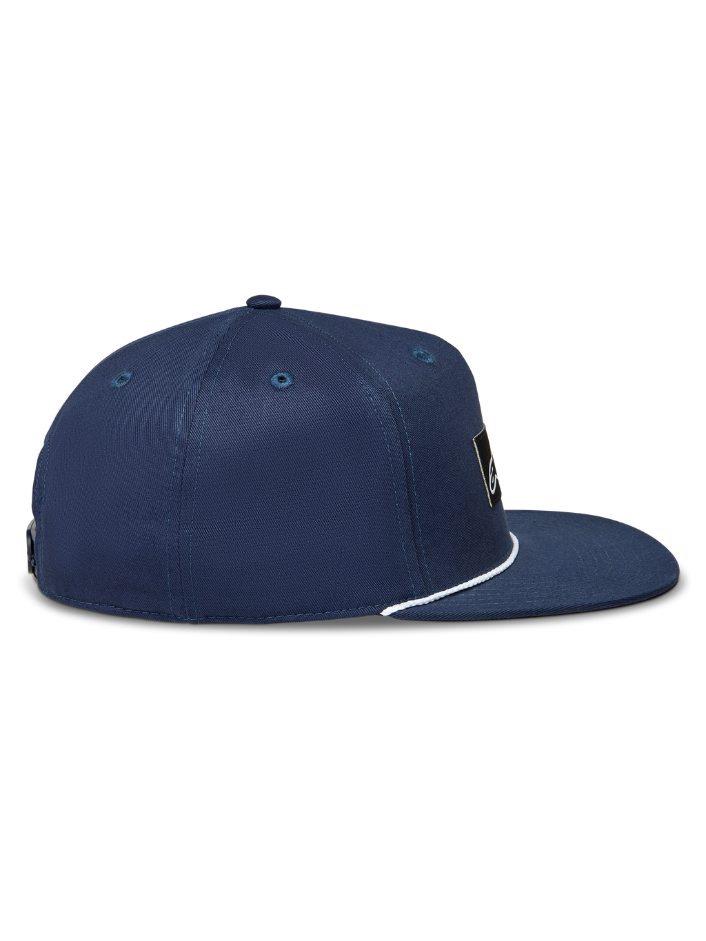 Alpinestars Label Snapback Cappello blu in twill, visiera piatta con dettaglio cordino bianco, vista laterale.