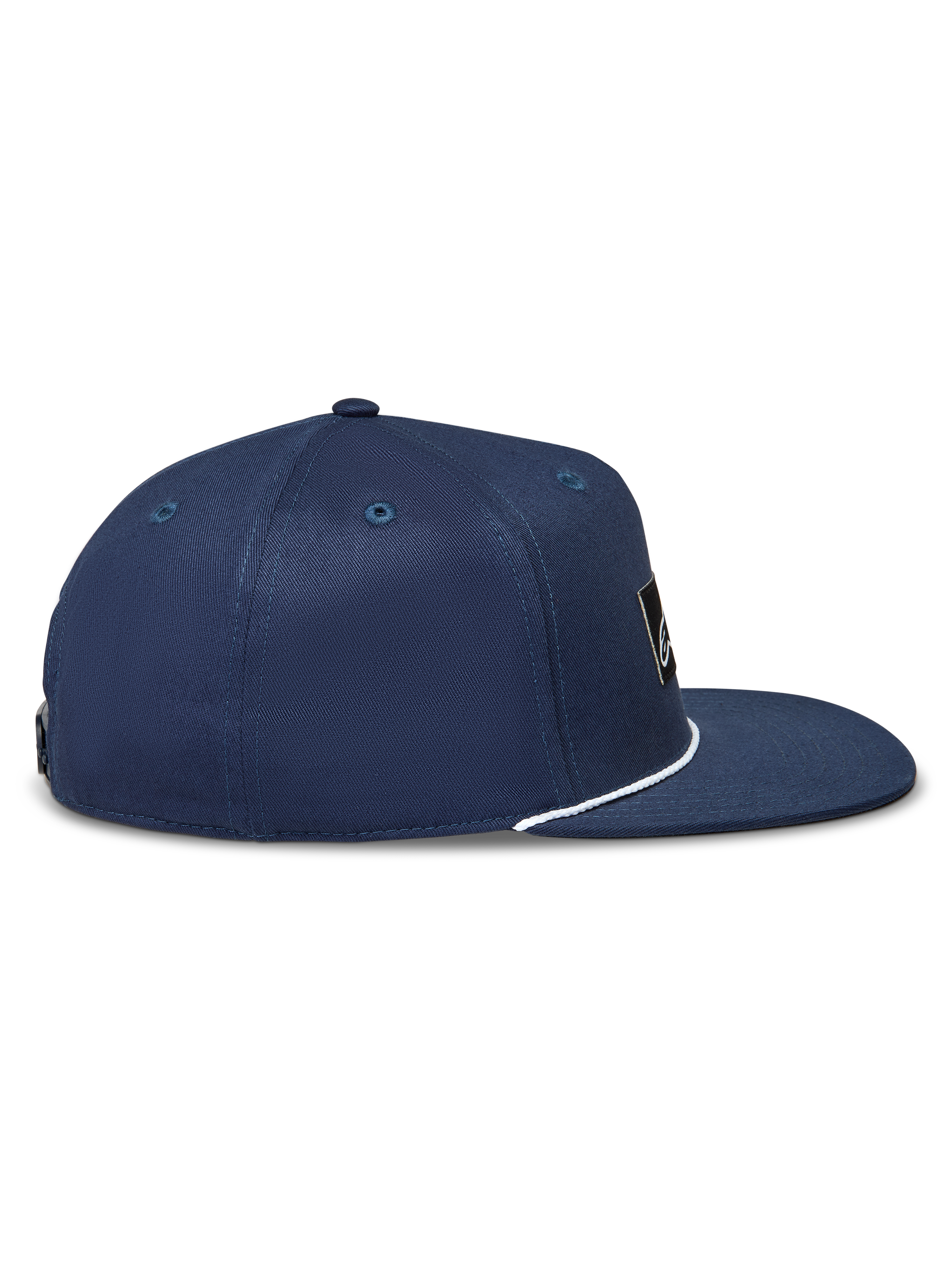 Alpinestars Label Snapback Cappello blu in twill, visiera piatta con dettaglio cordino bianco, vista laterale.