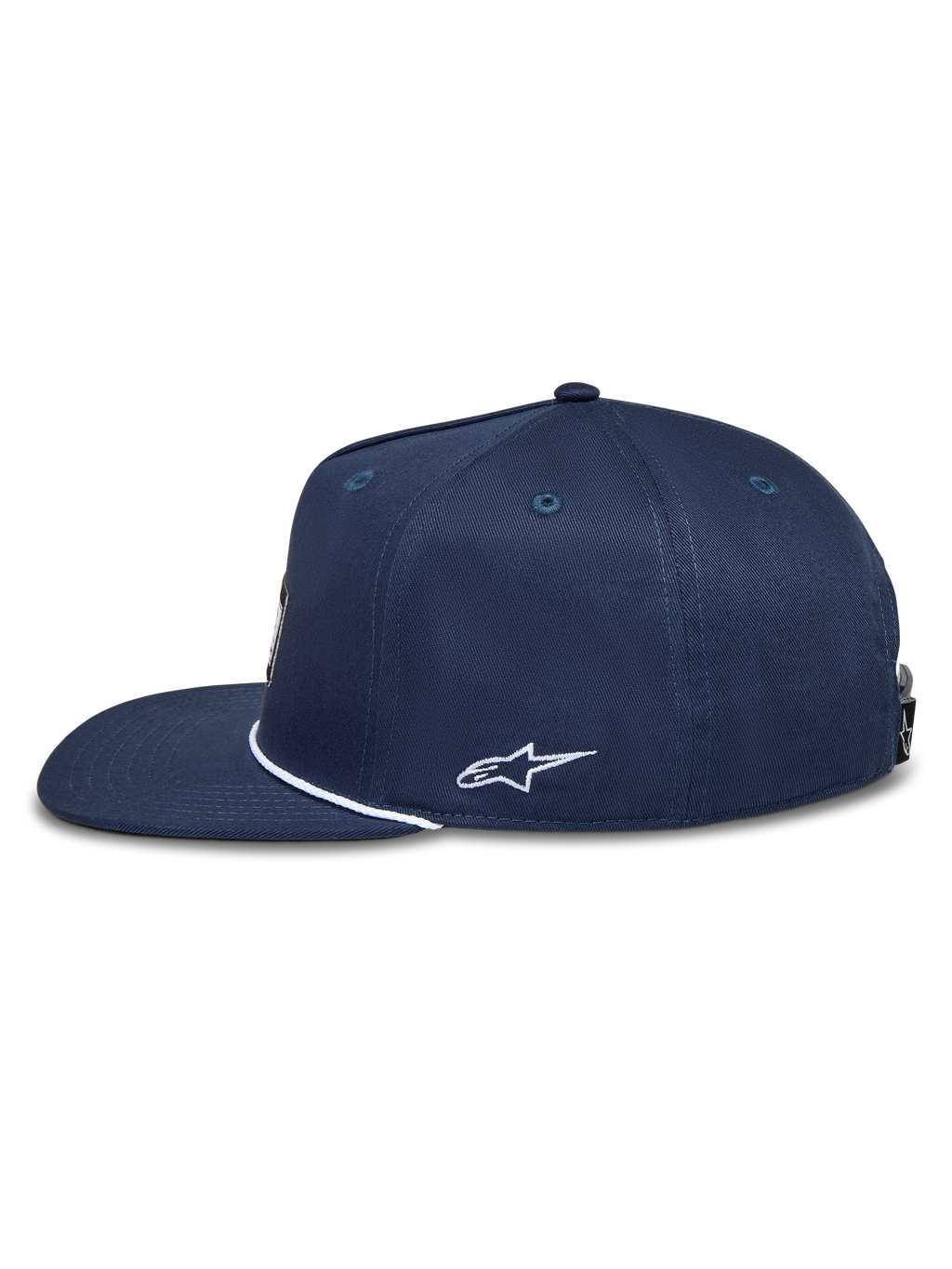 Alpinestars Label Snapback Cappello, cappello sportswear blu navy con visiera piatta, dettaglio cordino e logo Astars bianco ricamato sul lato
