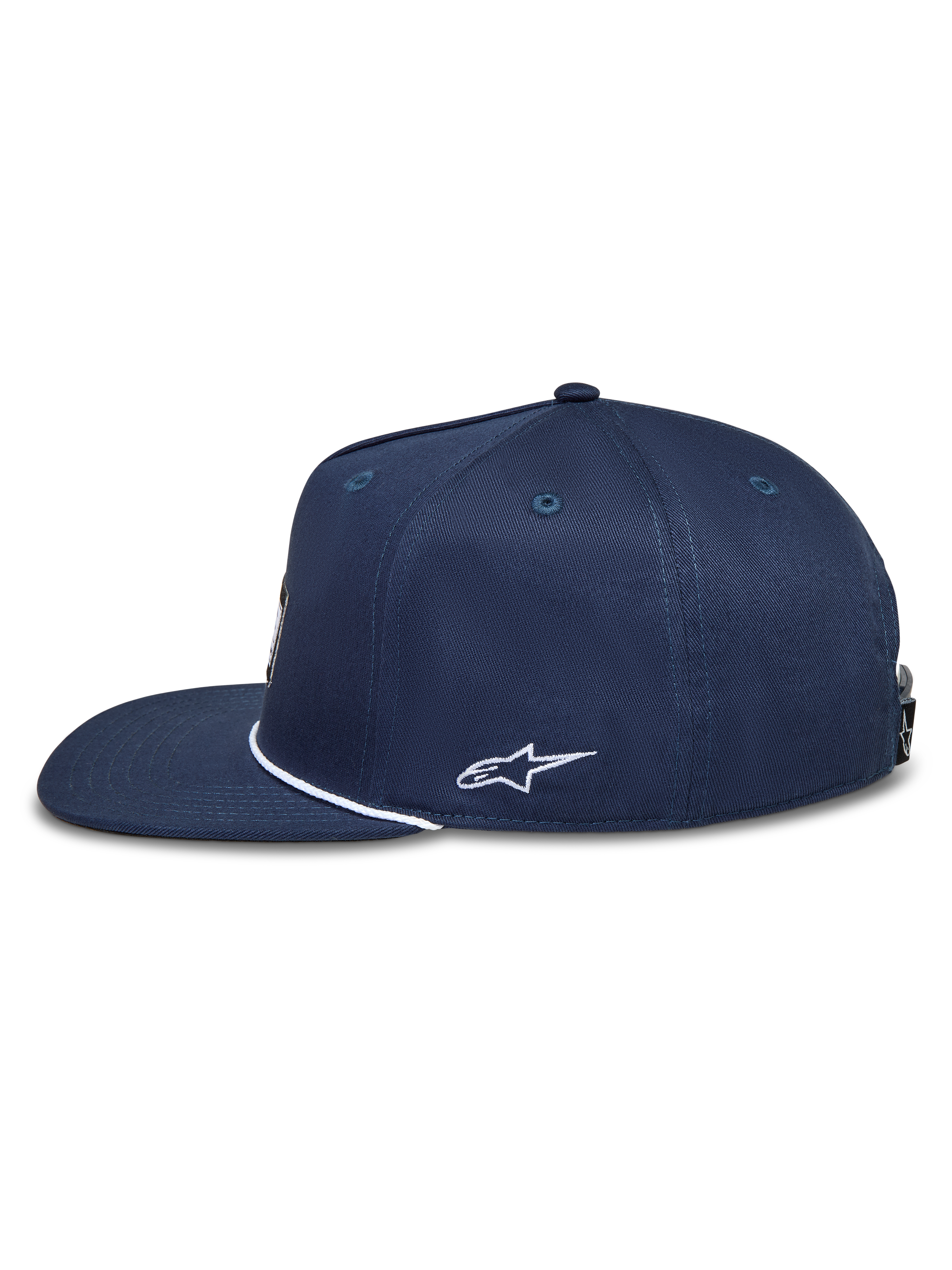 Alpinestars Label Snapback Cappello, cappello sportswear blu navy con visiera piatta, dettaglio cordino e logo Astars bianco ricamato sul lato