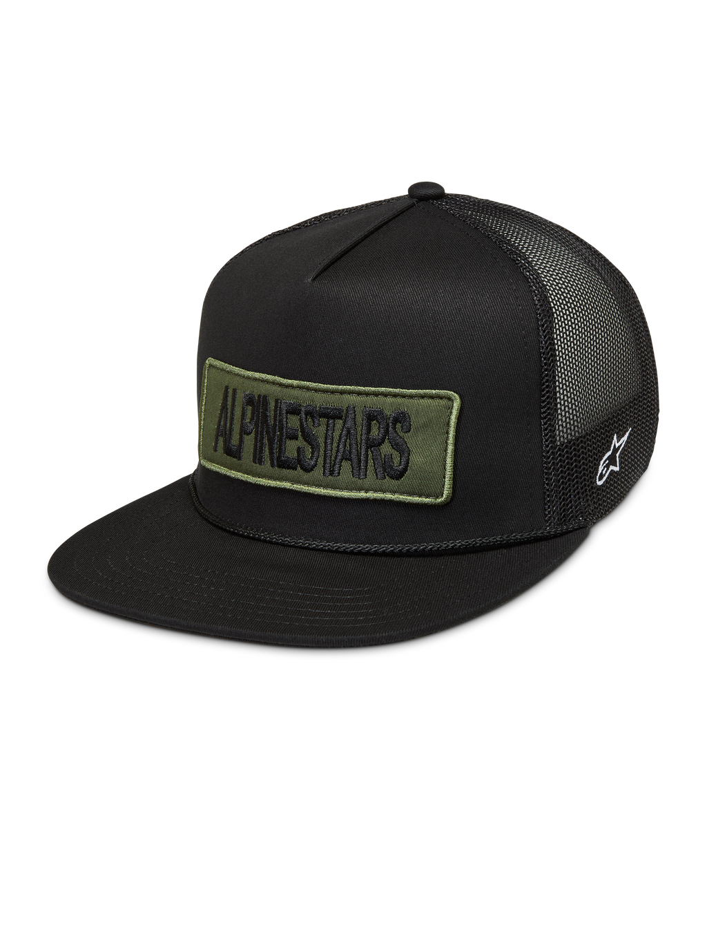 Alpinestars Ten cappellino trucker, cappello sportswear nero con patch logo verde oliva ricamato, logo laterale bianco e retro in rete