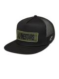 Alpinestars Ten cappellino trucker, cappello sportswear nero con patch logo verde oliva ricamato, logo laterale bianco e retro in rete