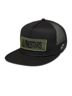 Alpinestars Ten cappellino trucker, cappello sportswear nero con patch logo verde oliva ricamato, logo laterale bianco e retro in rete