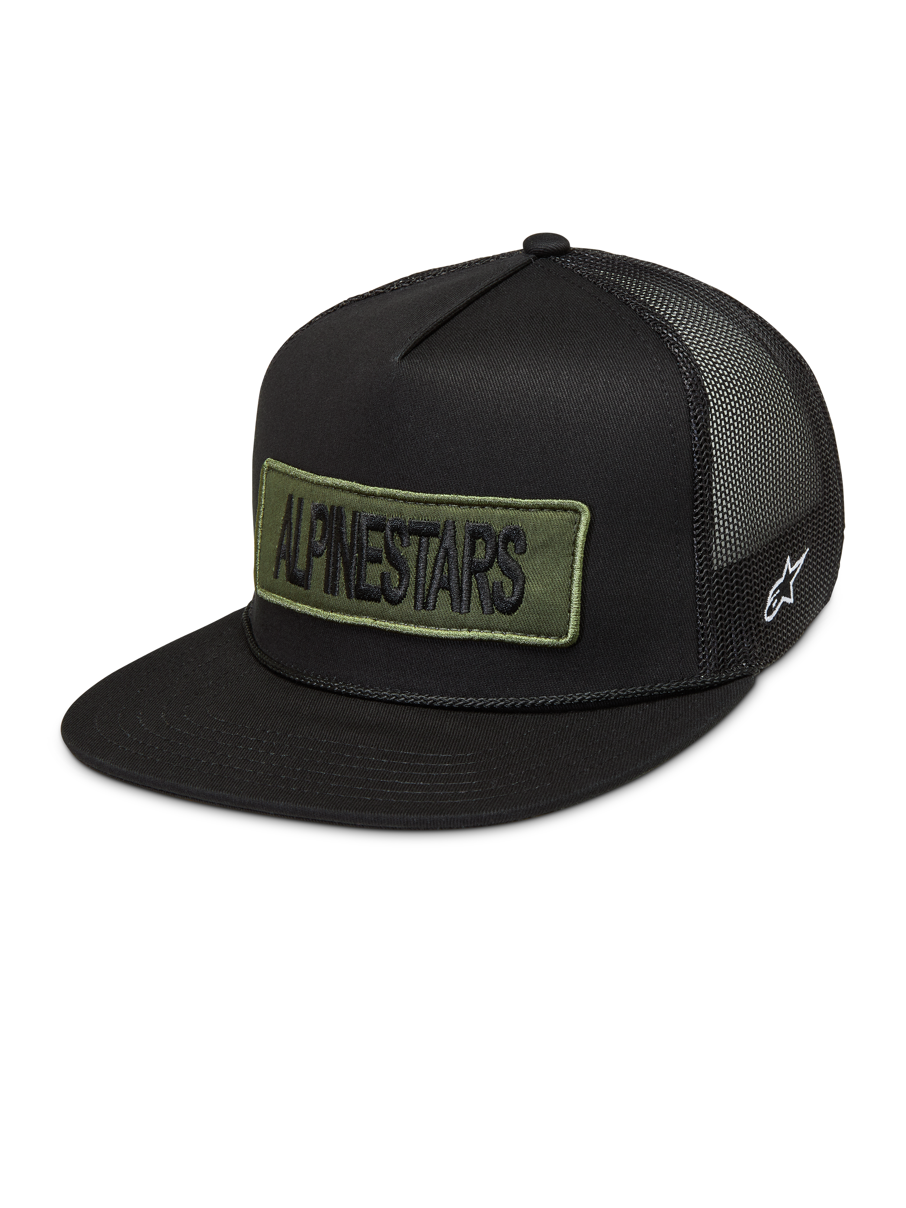 Alpinestars Ten cappellino trucker, cappello sportswear nero con patch logo verde oliva ricamato, logo laterale bianco e retro in rete