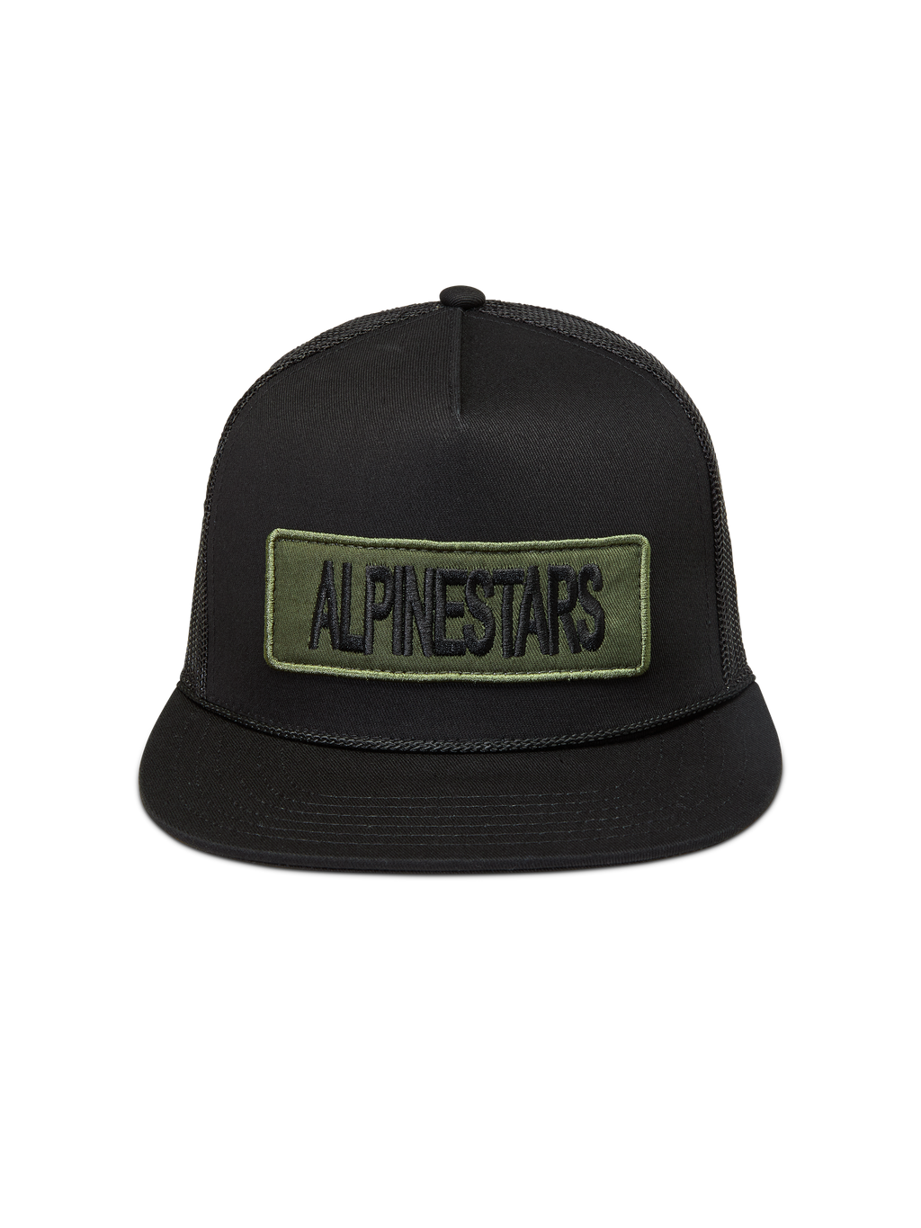 Alpinestars Ten Cappellino Trucker, cappello nero con visiera piatta e patch logo verde oliva, stile sportswear casual
