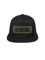 Alpinestars Ten Cappellino Trucker, cappello nero con visiera piatta e patch logo verde oliva, stile sportswear casual