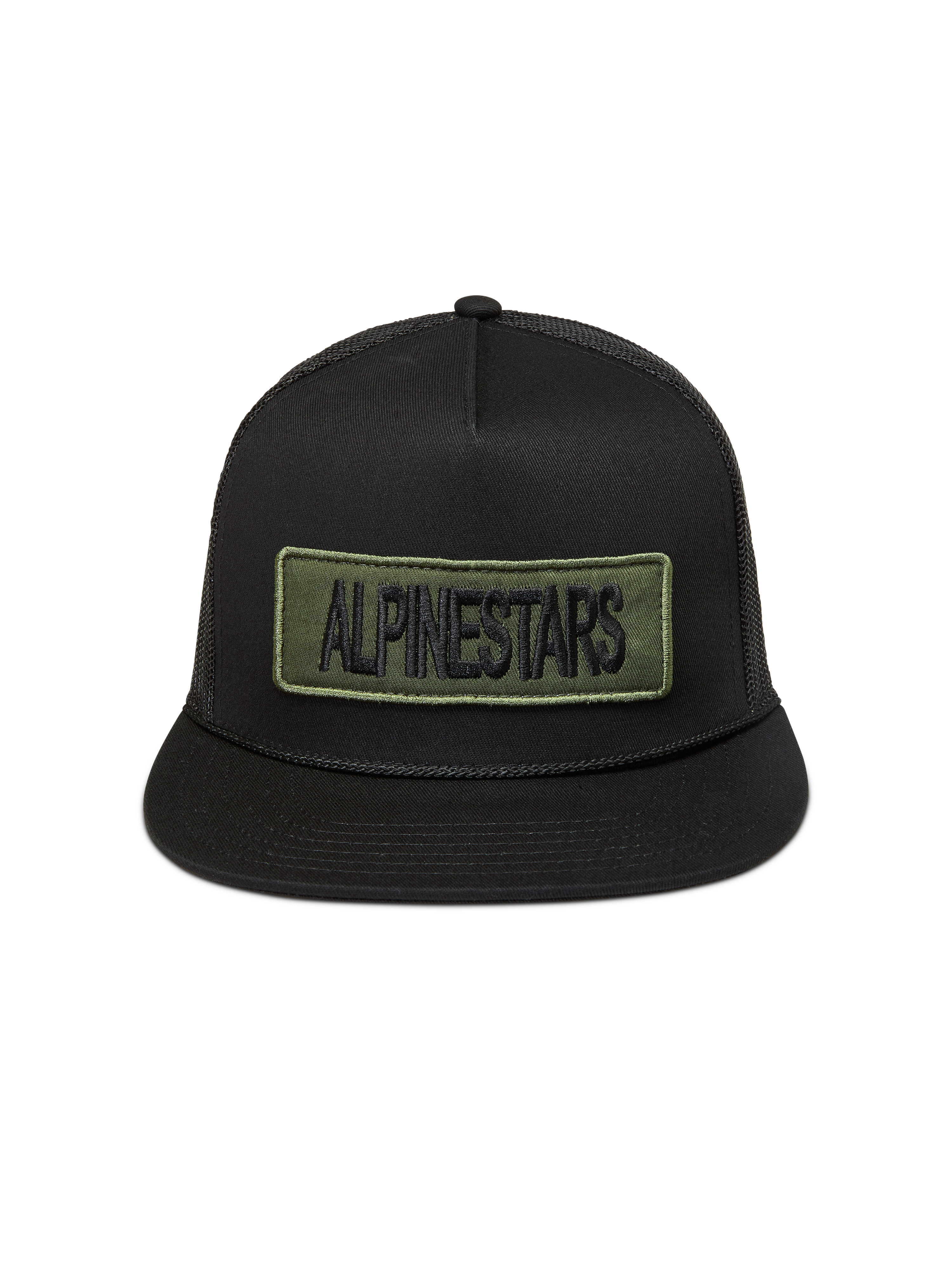 Alpinestars Ten Cappellino Trucker, cappello nero con visiera piatta e patch logo verde oliva, stile sportswear casual