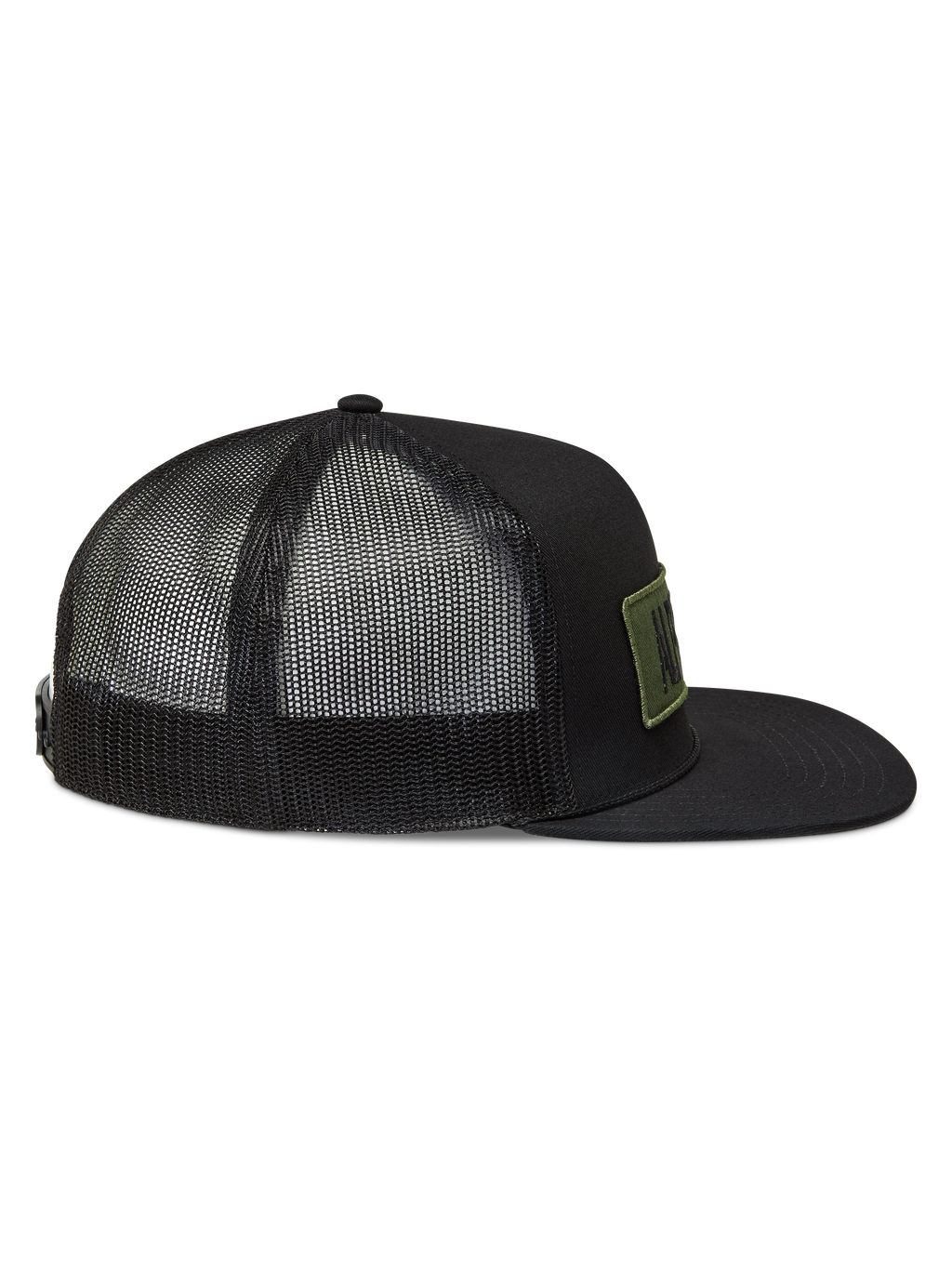 Alpinestars Ten Cappellino Trucker, cappello nero con visiera piatta, retro in rete traspirante e patch logo verde oliva ricamato.