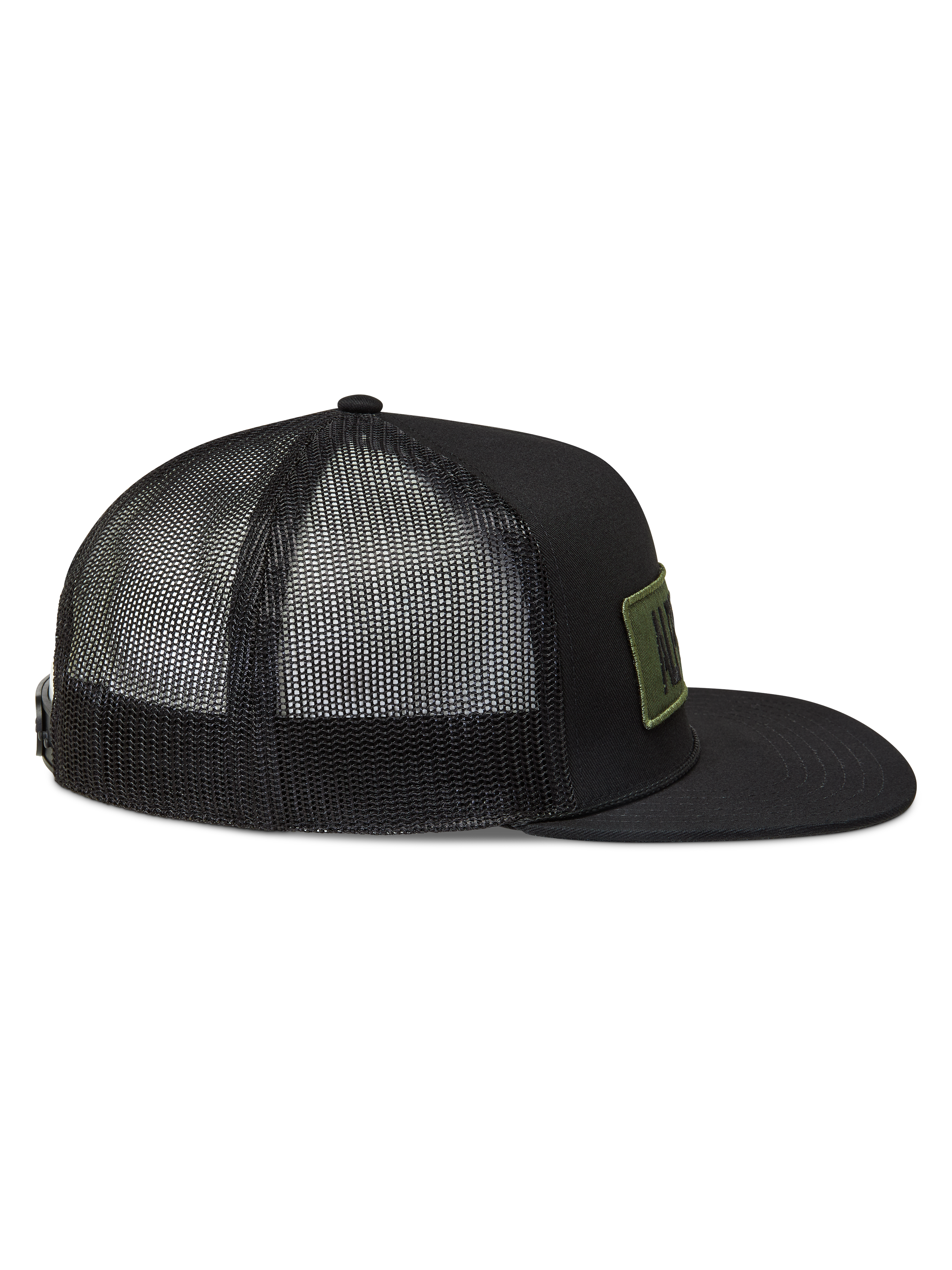 Alpinestars Ten Cappellino Trucker, cappello nero con visiera piatta, retro in rete traspirante e patch logo verde oliva ricamato.