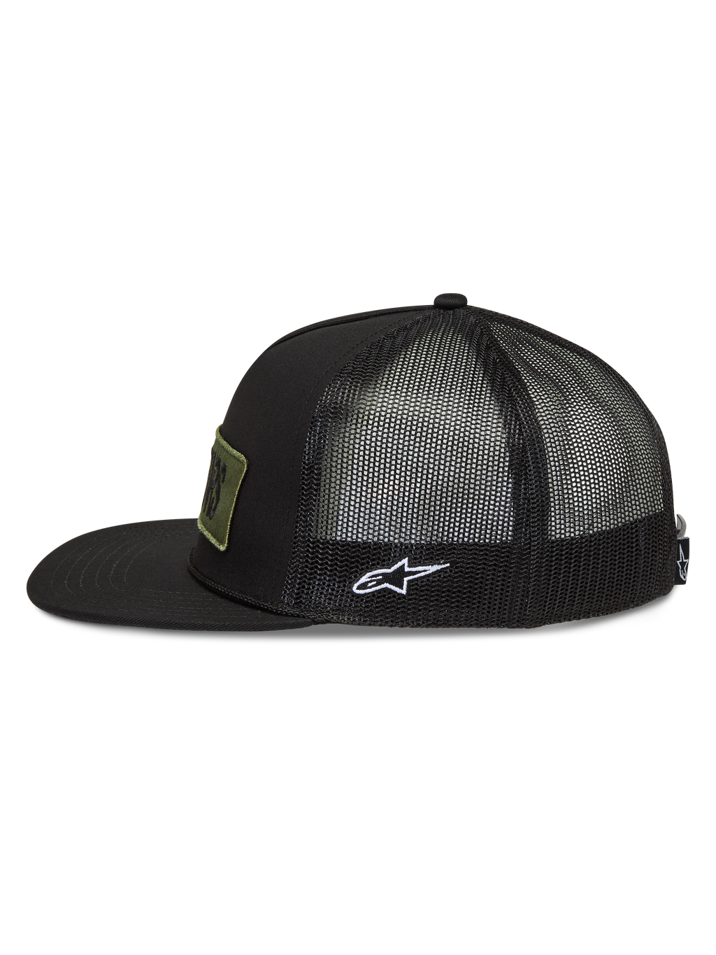 Alpinestars Ten Cappellino Trucker, cappello nero con visiera piatta, retro in mesh e logo Astars bianco ricamato sul lato.