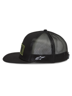 Alpinestars Ten Cappellino Trucker, cappello nero con visiera piatta, retro in mesh e logo Astars bianco ricamato sul lato.