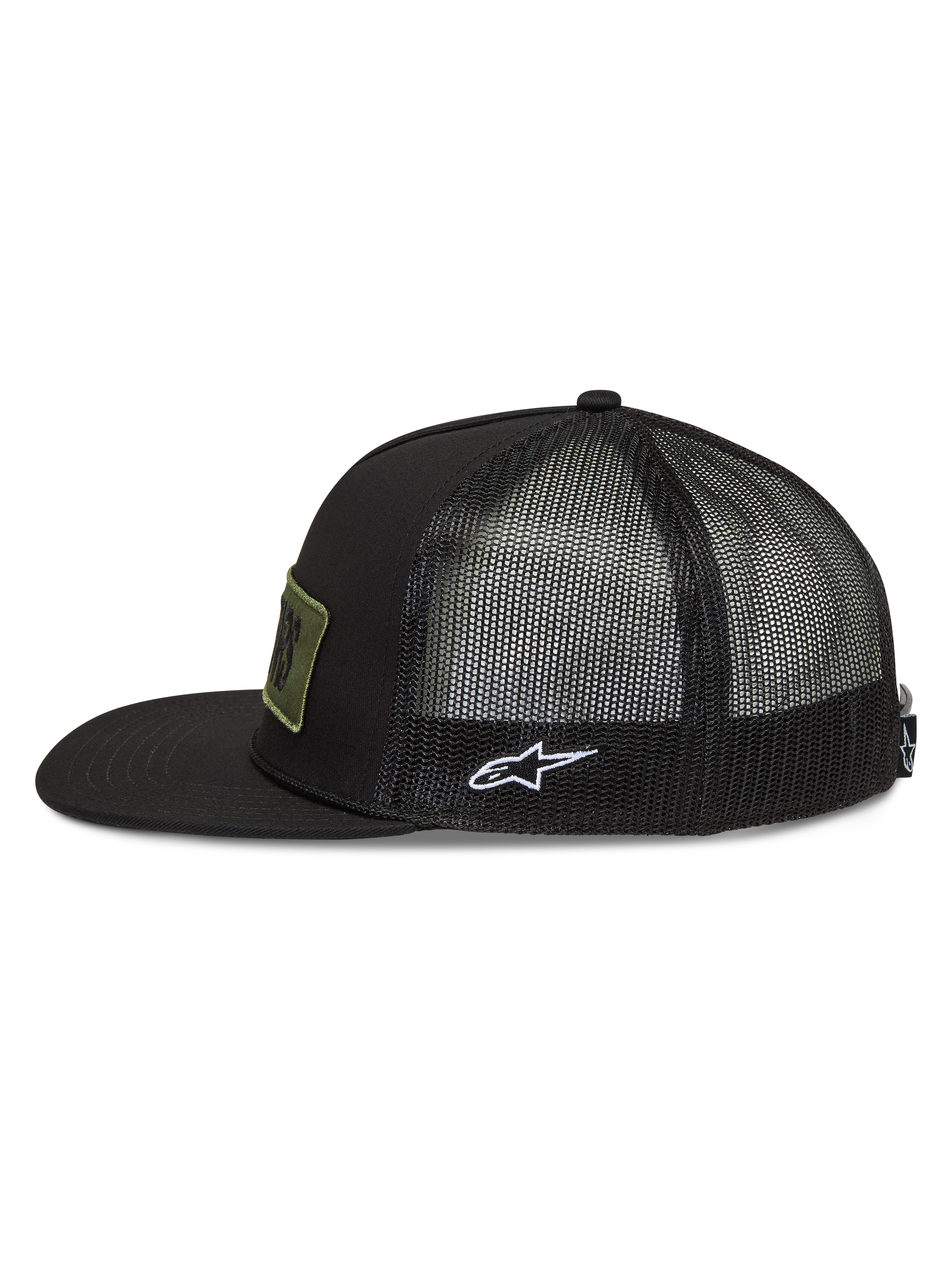 Alpinestars Ten Cappellino Trucker, cappello nero con visiera piatta, retro in mesh e logo Astars bianco ricamato sul lato.