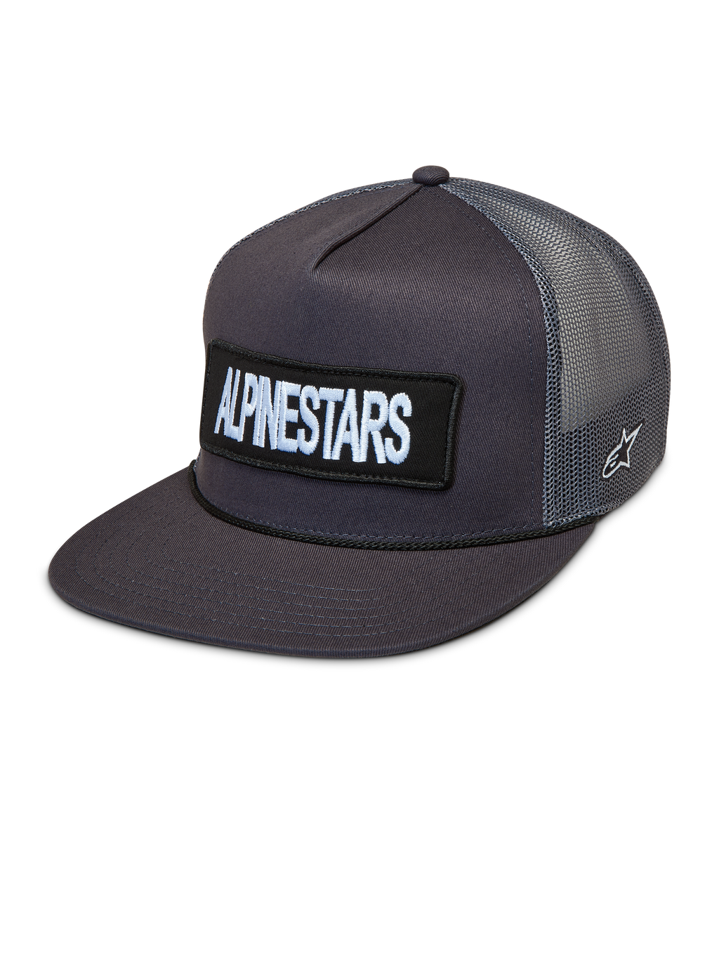 Alpinestars Ten cappellino trucker grigio scuro, con visiera piatta, patch logo frontale e pannelli in mesh traspiranti