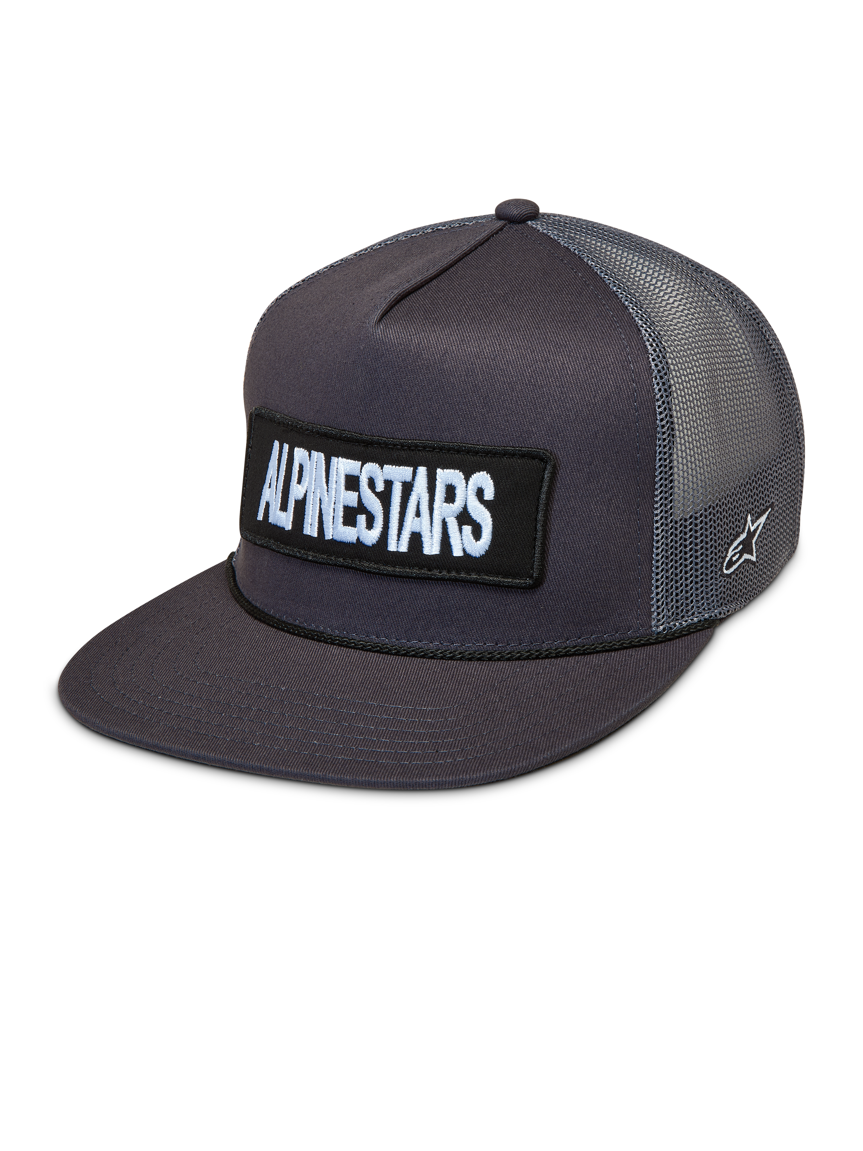 Alpinestars Ten cappellino trucker grigio scuro, con visiera piatta, patch logo frontale e pannelli in mesh traspiranti