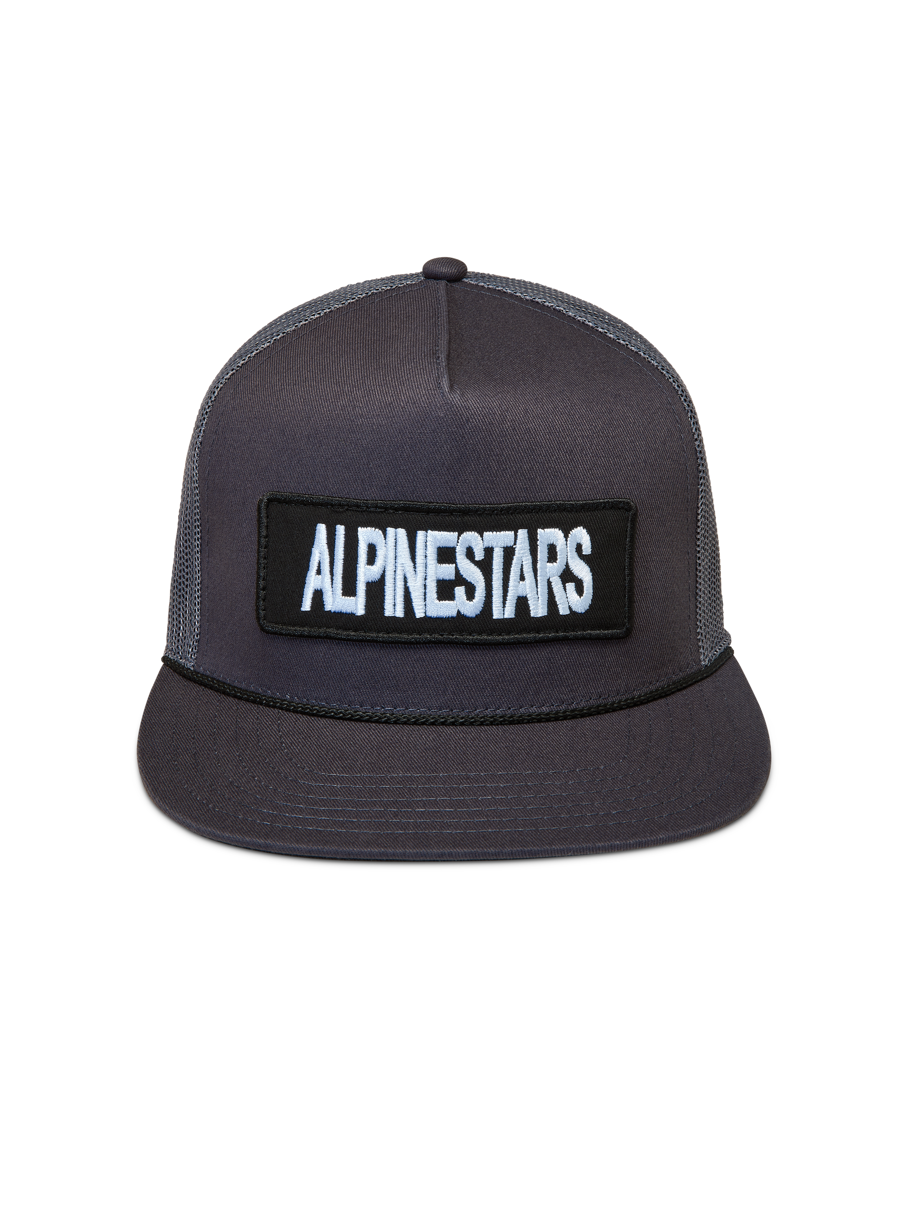 Alpinestars Ten Cappellino Trucker, cappello grigio scuro con corona strutturata, visiera piatta e patch logo ricamato, stile sportswear.