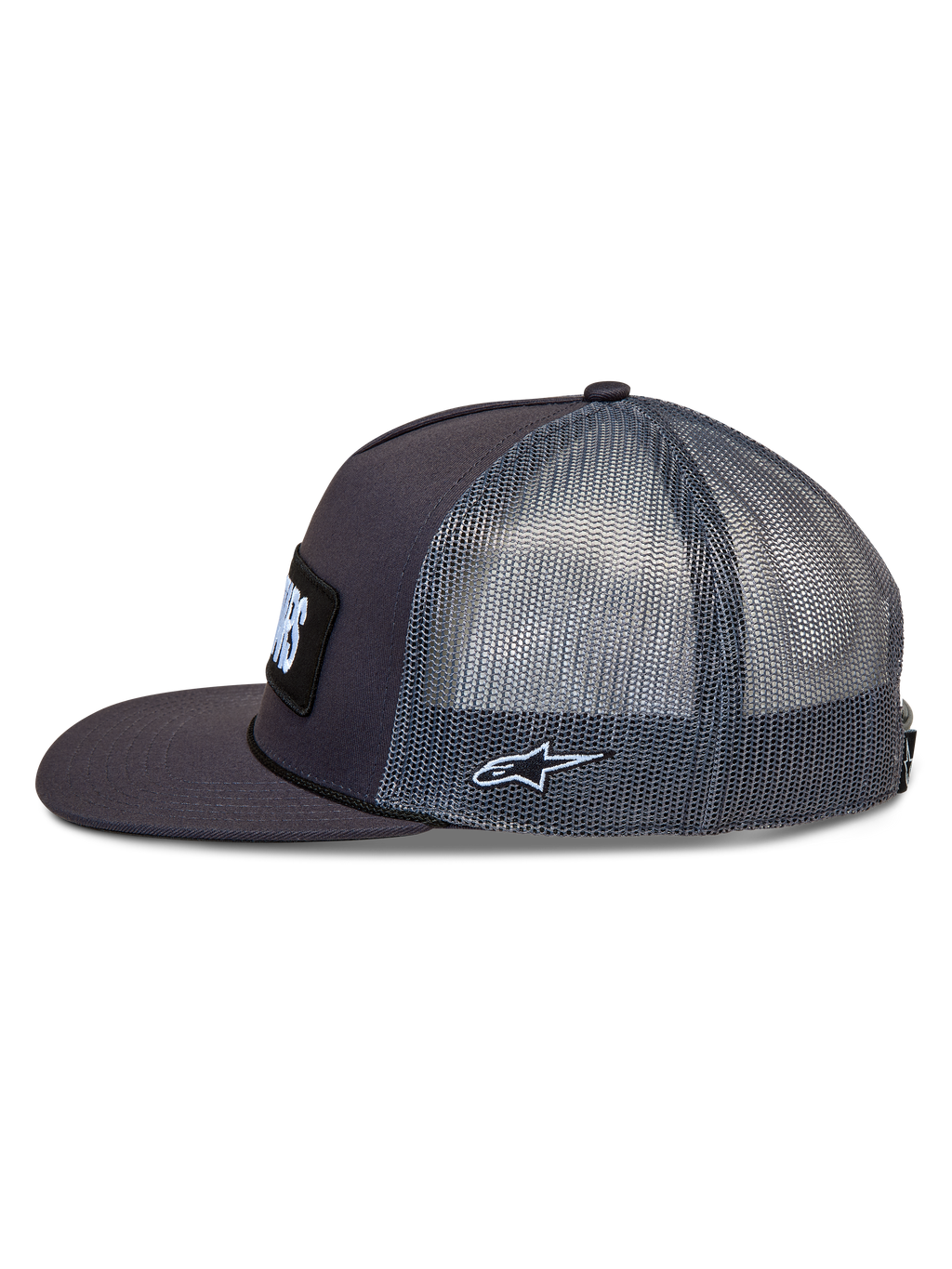 Alpinestars Ten Cappellino Trucker, cappello grigio scuro con pannelli in rete, visiera piatta e logo Astars ricamato.