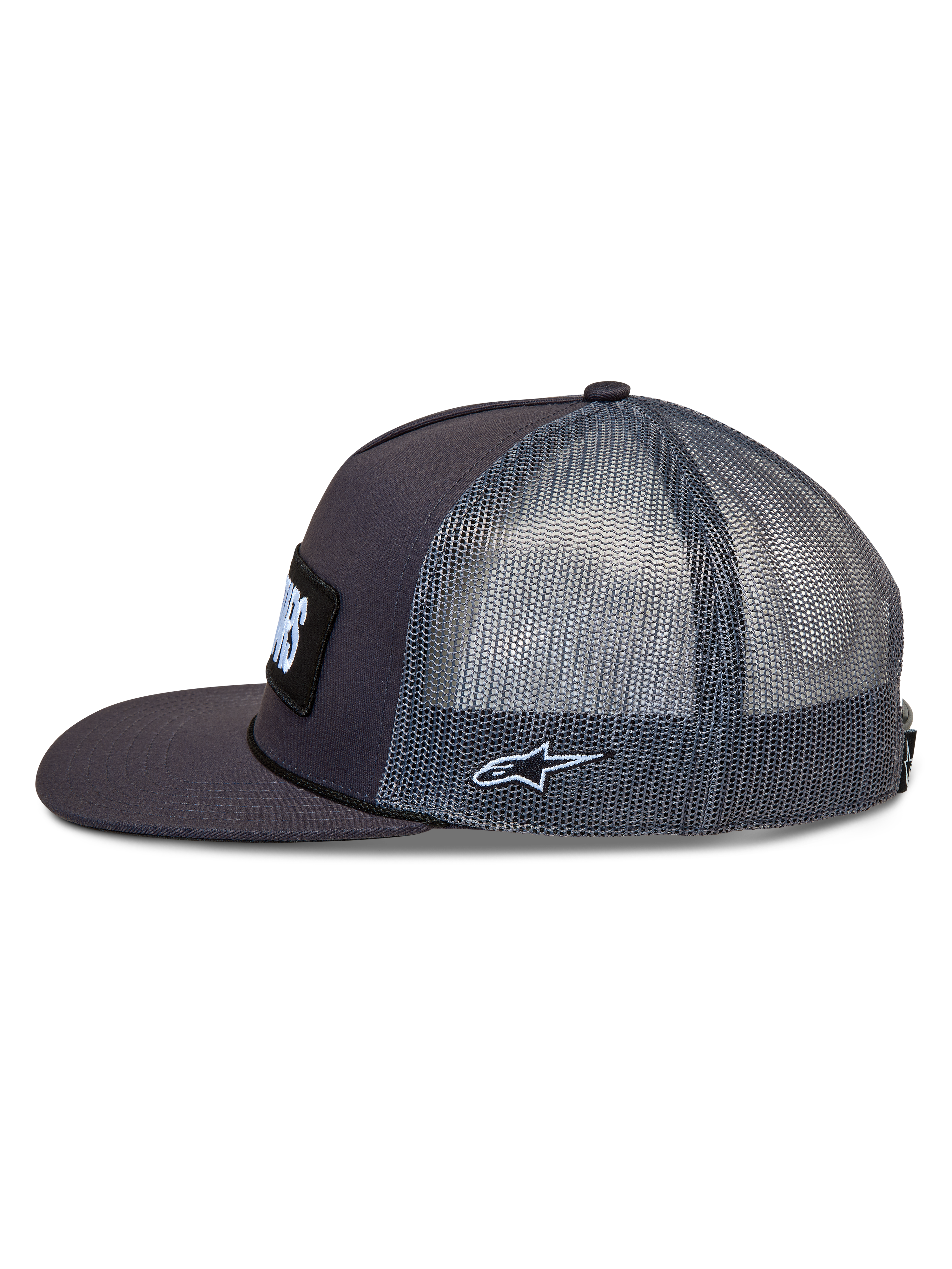 Alpinestars Ten Cappellino Trucker, cappello grigio scuro con pannelli in rete, visiera piatta e logo Astars ricamato.