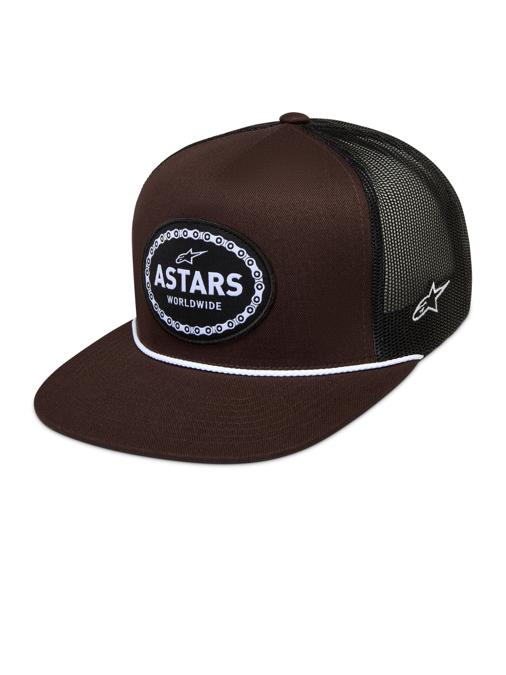 Alpinestars Hotlink Cappellino Trucker, visiera piatta e retro in rete, marrone e nero, patch logo con catena da bici.