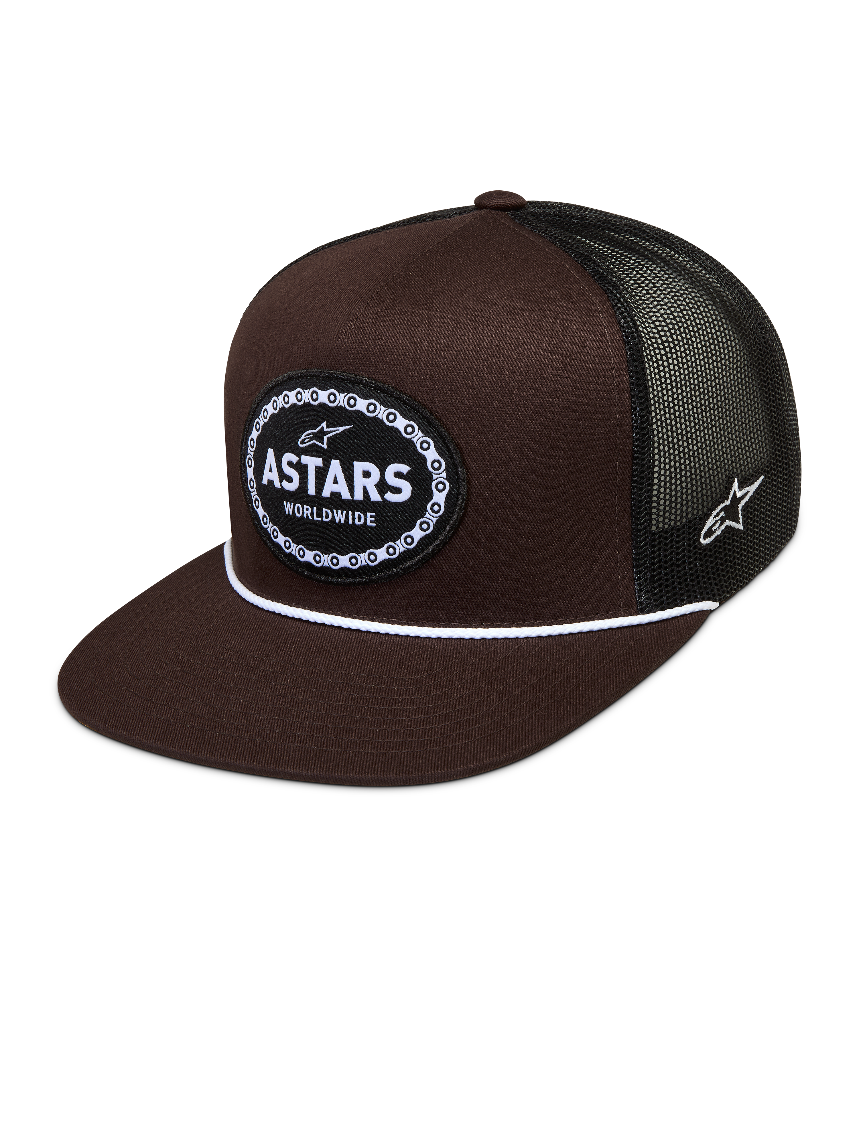 Alpinestars Hotlink Cappellino Trucker, visiera piatta e retro in rete, marrone e nero, patch logo con catena da bici.