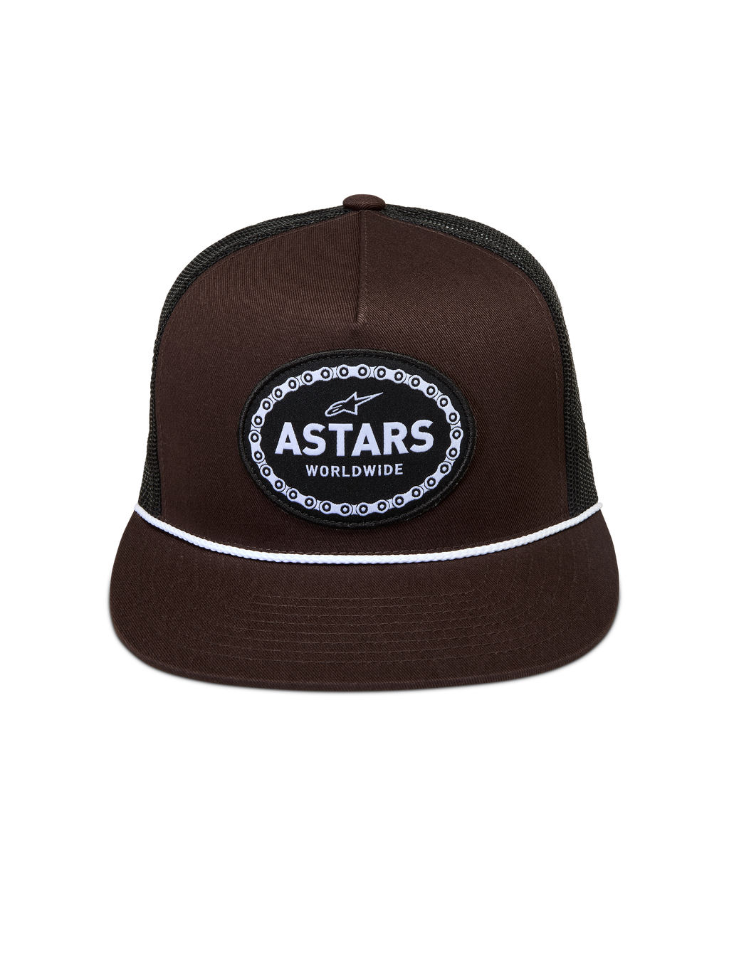 Alpinestars Hotlink Cappellino Trucker, cappello marrone e nero con visiera piatta, cordino bianco e logo Astars, bordo a catena