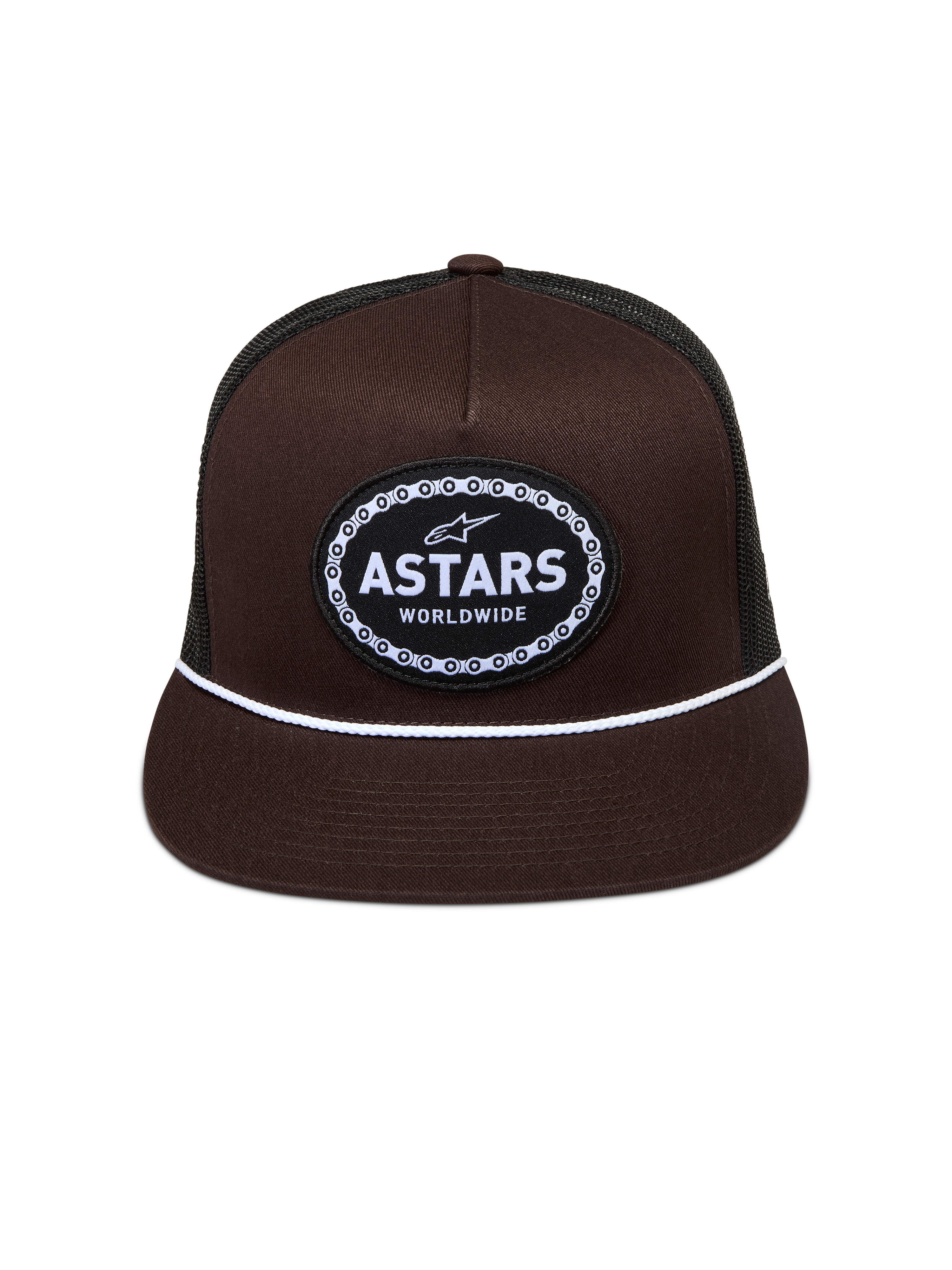 Alpinestars Hotlink Cappellino Trucker, cappello marrone e nero con visiera piatta, cordino bianco e logo Astars, bordo a catena