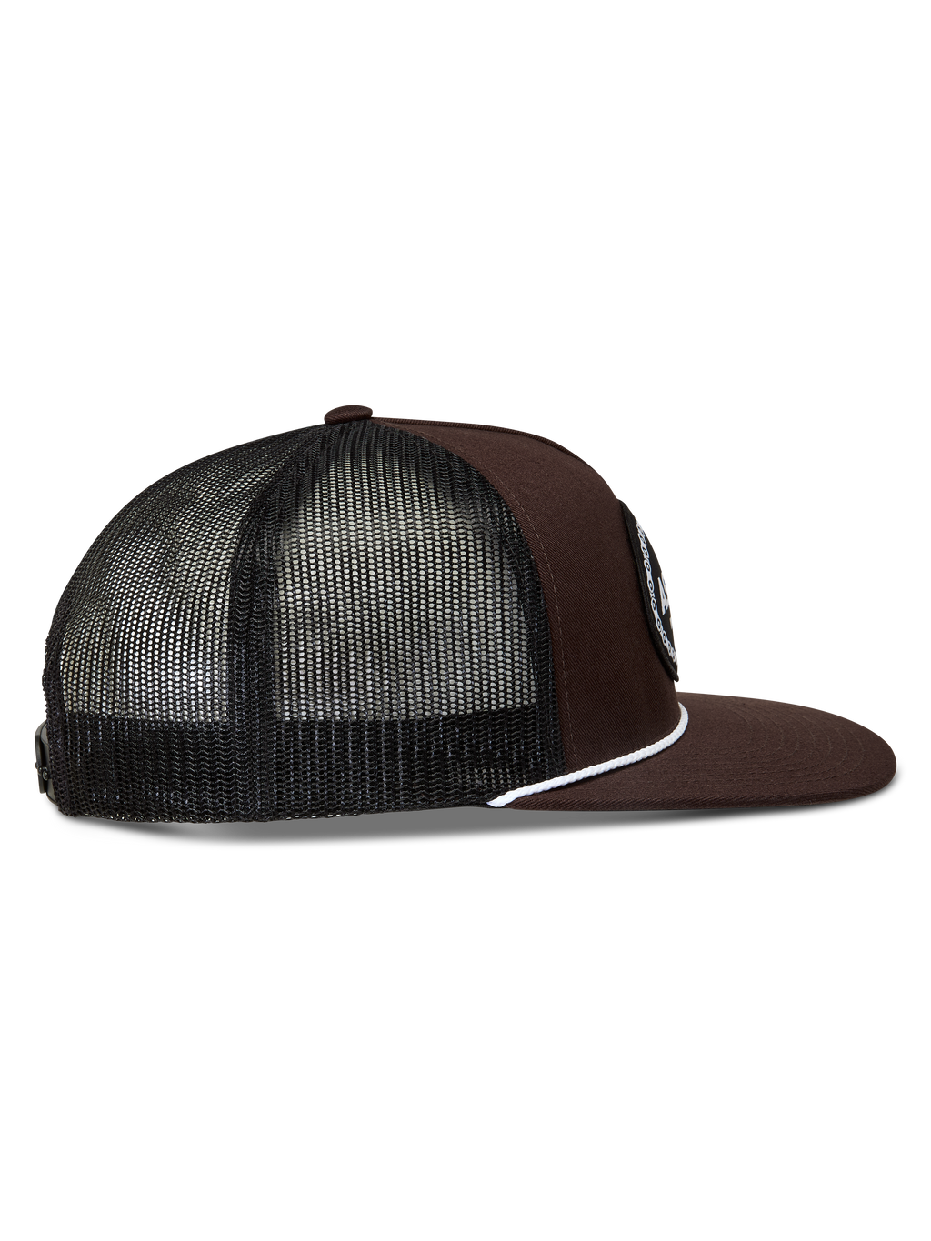 Alpinestars Hotlink cappellino trucker, cappello marrone e nero con retro in rete, visiera piatta e cordino bianco.