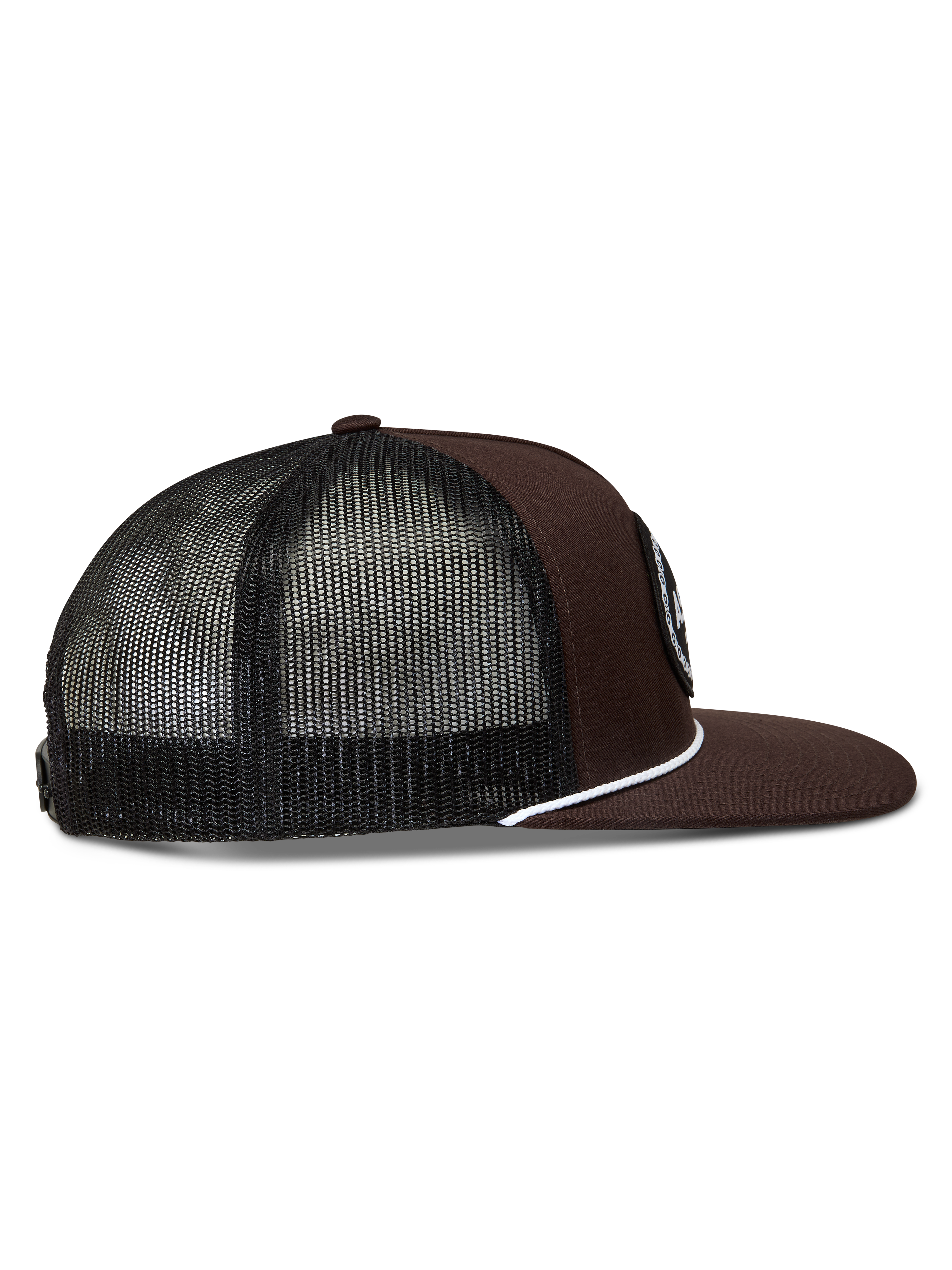 Alpinestars Hotlink cappellino trucker, cappello marrone e nero con retro in rete, visiera piatta e cordino bianco.