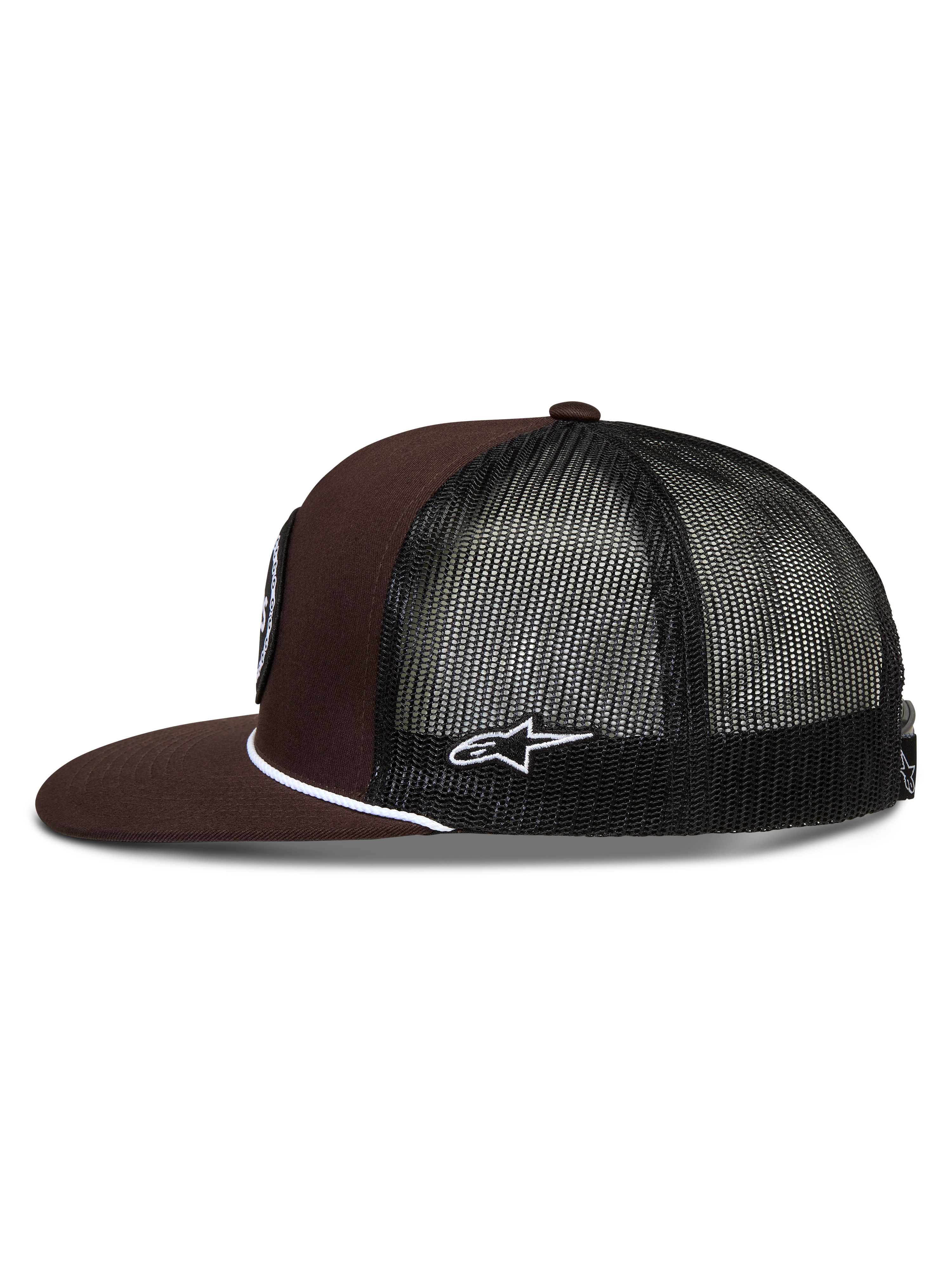 Alpinestars Hotlink Cappellino Trucker, cappello sportivo con retro in rete nera, visiera piatta e cordino bianco, marrone e nero