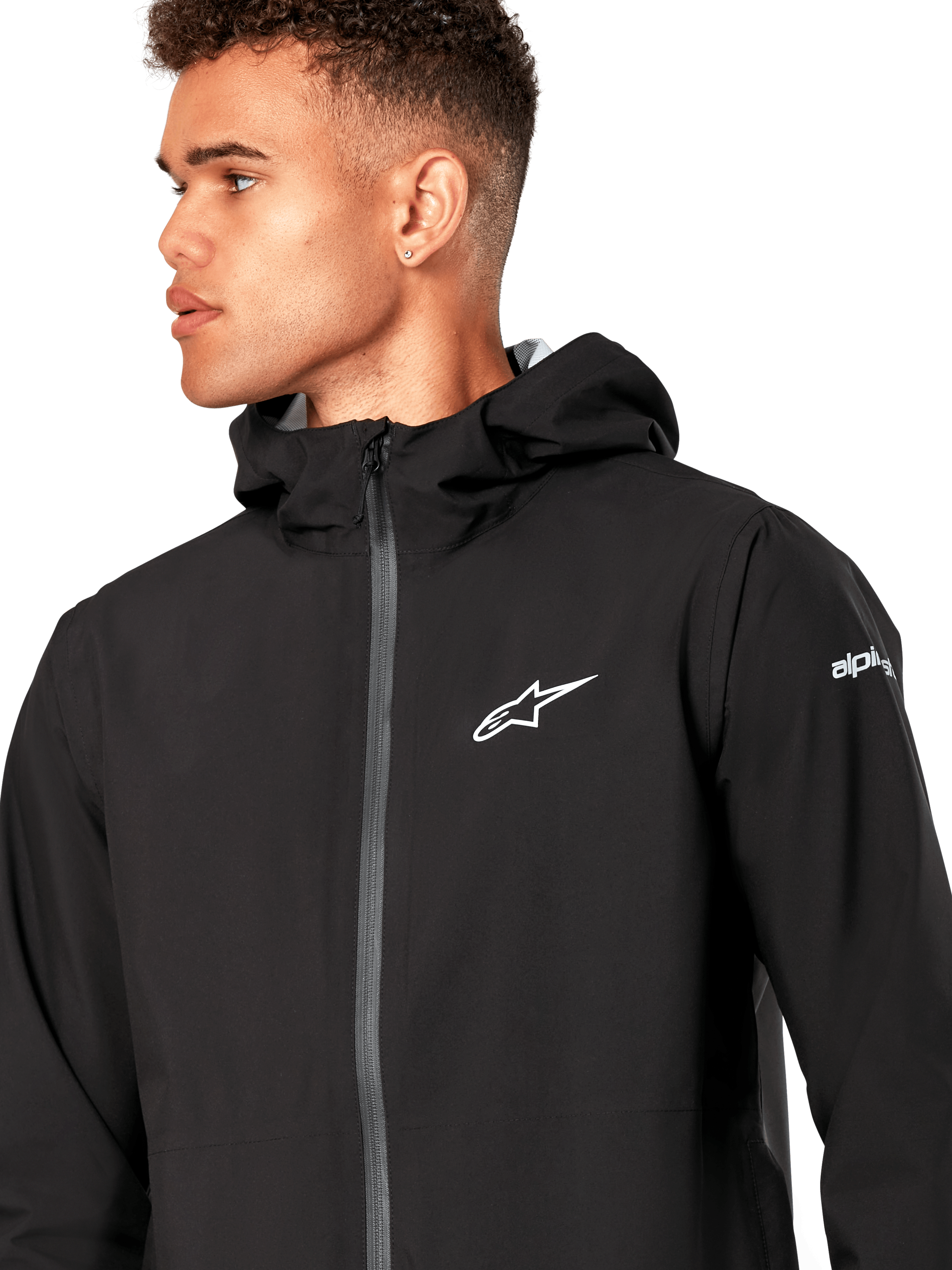 Alpinestars Giacca Antipioggia Kascade, giacca a guscio antipioggia nera, con logo a stella bianco sul petto, cappuccio fisso e cerniera frontale rovesciata rivestita, capospalla tecnico casual ispirato al motorsport