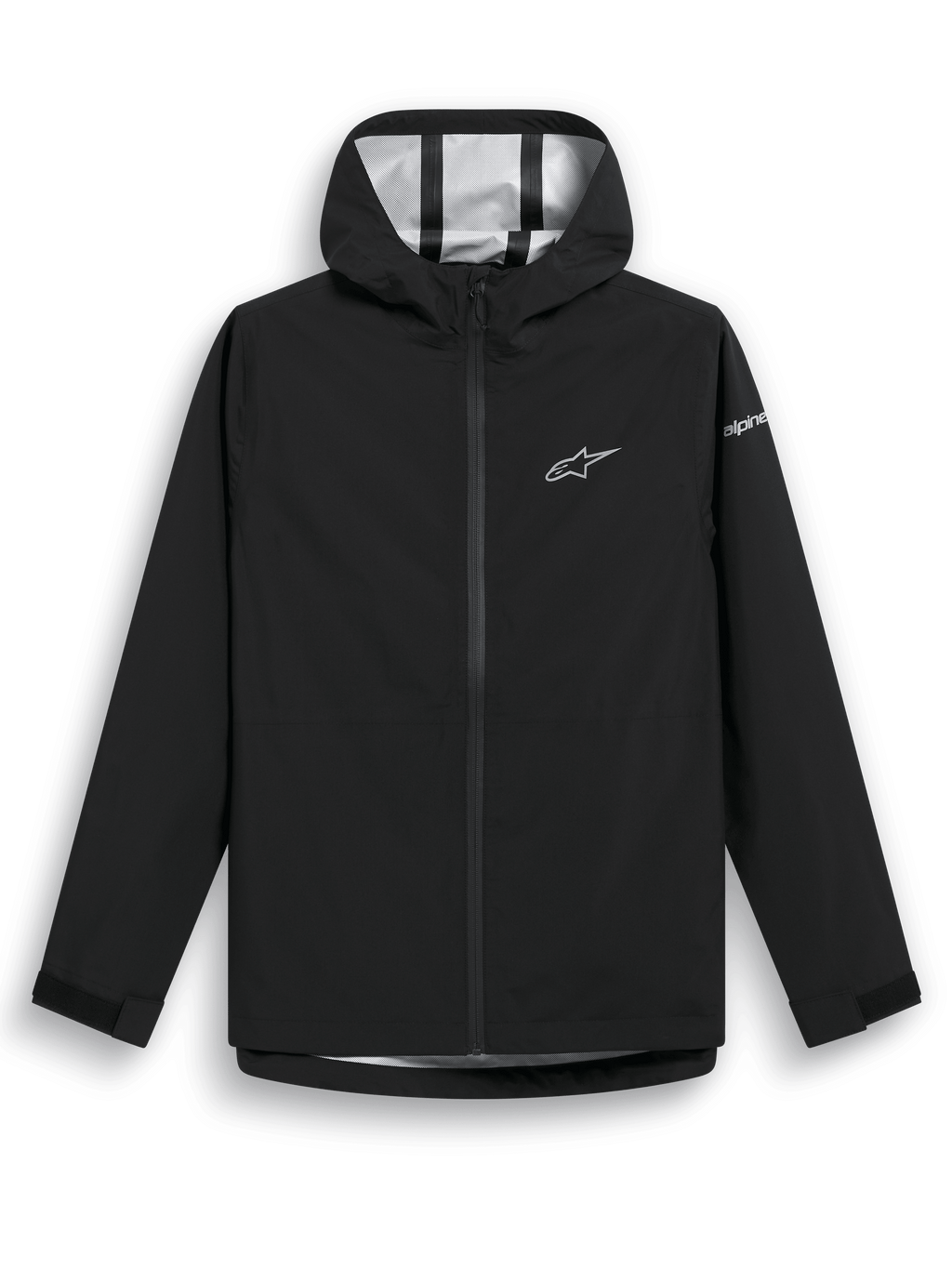 Giacca antipioggia Alpinestars Kascade, giacca a guscio nera, tessuto resistente all'acqua 2.5L con cuciture nastrate, cappuccio fisso, cerniera frontale rovesciata rivestita, linguette in Velcro sui polsini, logo Alpinestars a stella bianco sul petto e marchio sulla manica, abbigliamento casual per il maltempo