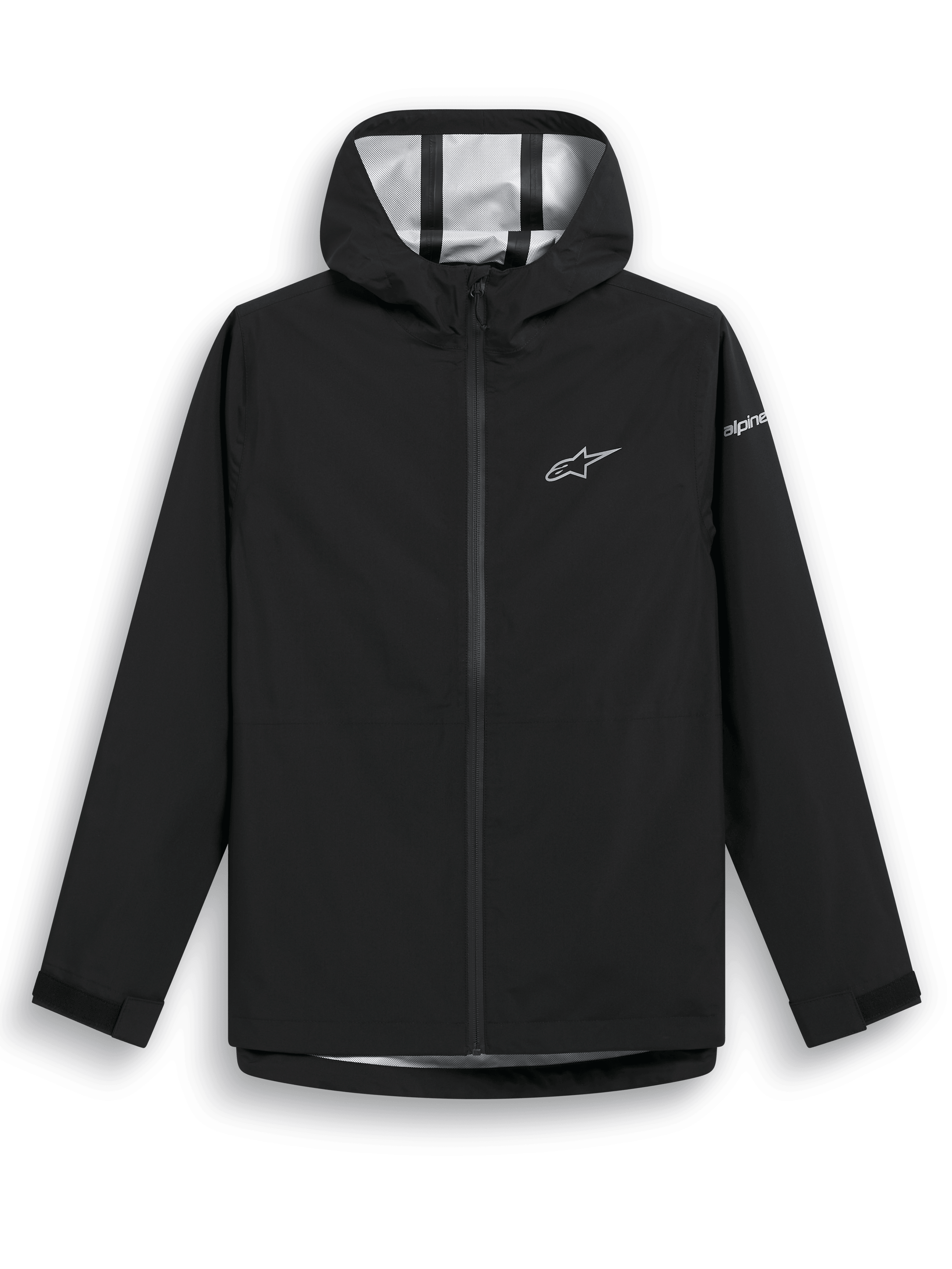 Giacca antipioggia Alpinestars Kascade, giacca a guscio nera, tessuto resistente all'acqua 2.5L con cuciture nastrate, cappuccio fisso, cerniera frontale rovesciata rivestita, linguette in Velcro sui polsini, logo Alpinestars a stella bianco sul petto e marchio sulla manica, abbigliamento casual per il maltempo