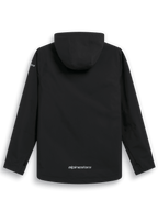Giacca antipioggia Alpinestars Kascade, vista posteriore, guscio antipioggia nero resistente all'acqua, cappuccio fisso, logo Alpinestars argento sulla parte inferiore della schiena, maniche lunghe, design outdoor ad alte prestazioni ispirato al motorsport