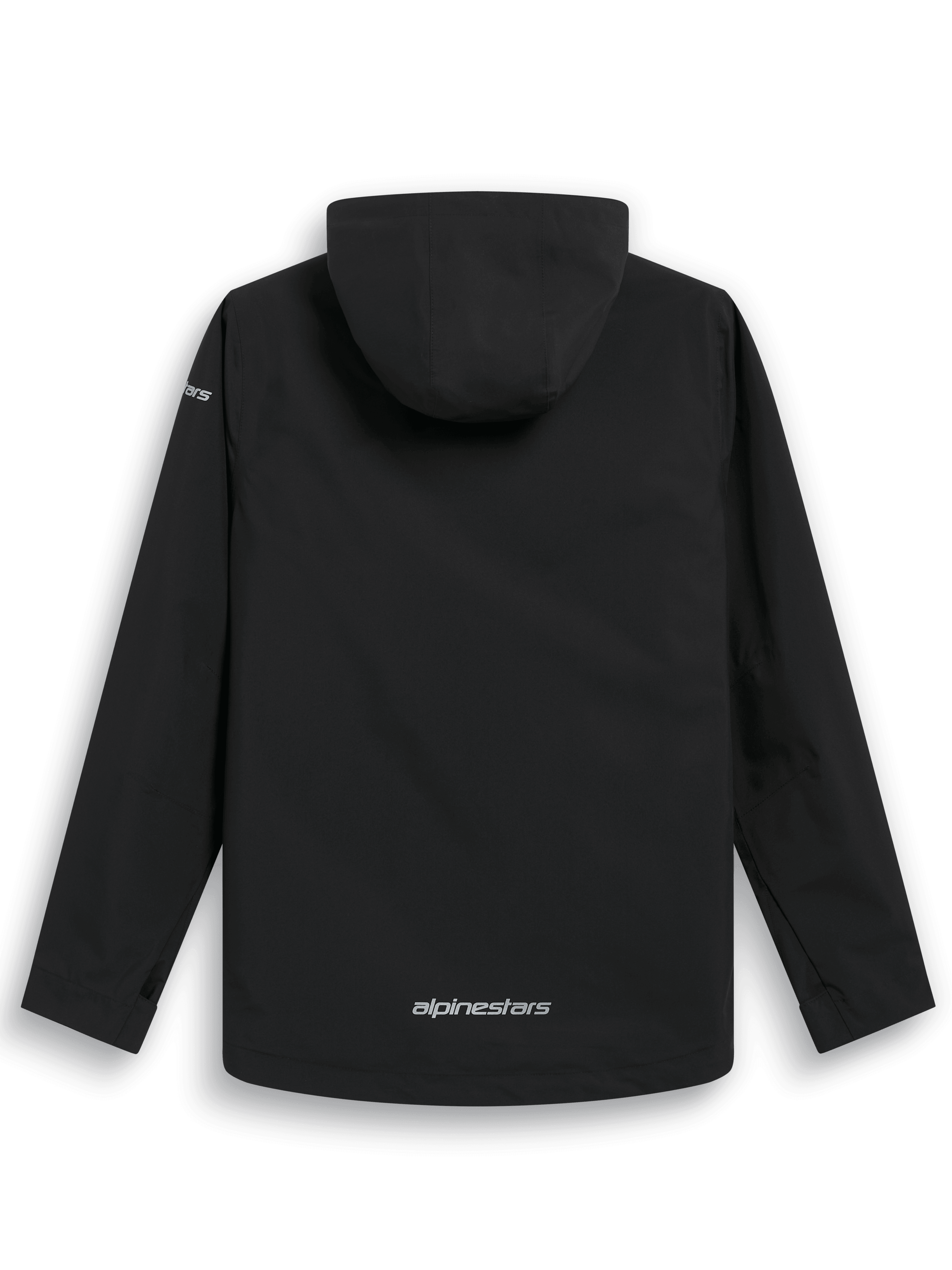 Giacca antipioggia Alpinestars Kascade, vista posteriore, guscio antipioggia nero resistente all'acqua, cappuccio fisso, logo Alpinestars argento sulla parte inferiore della schiena, maniche lunghe, design outdoor ad alte prestazioni ispirato al motorsport