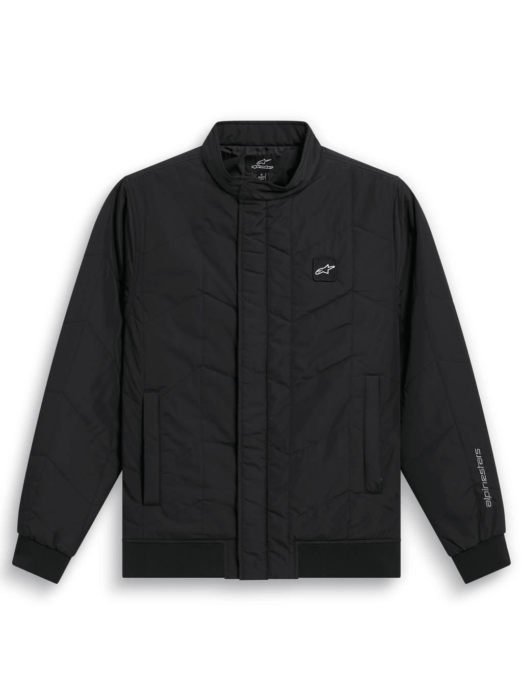 Alpinestars Precedent Jacket, giacca sportswear trapuntata ispirata alla F1, nero, con motivo trapuntato angolato, colletto basso, polsini e orlo a coste, patch logo sul petto e ricamo sulla manica, design casual ispirato al motorsport