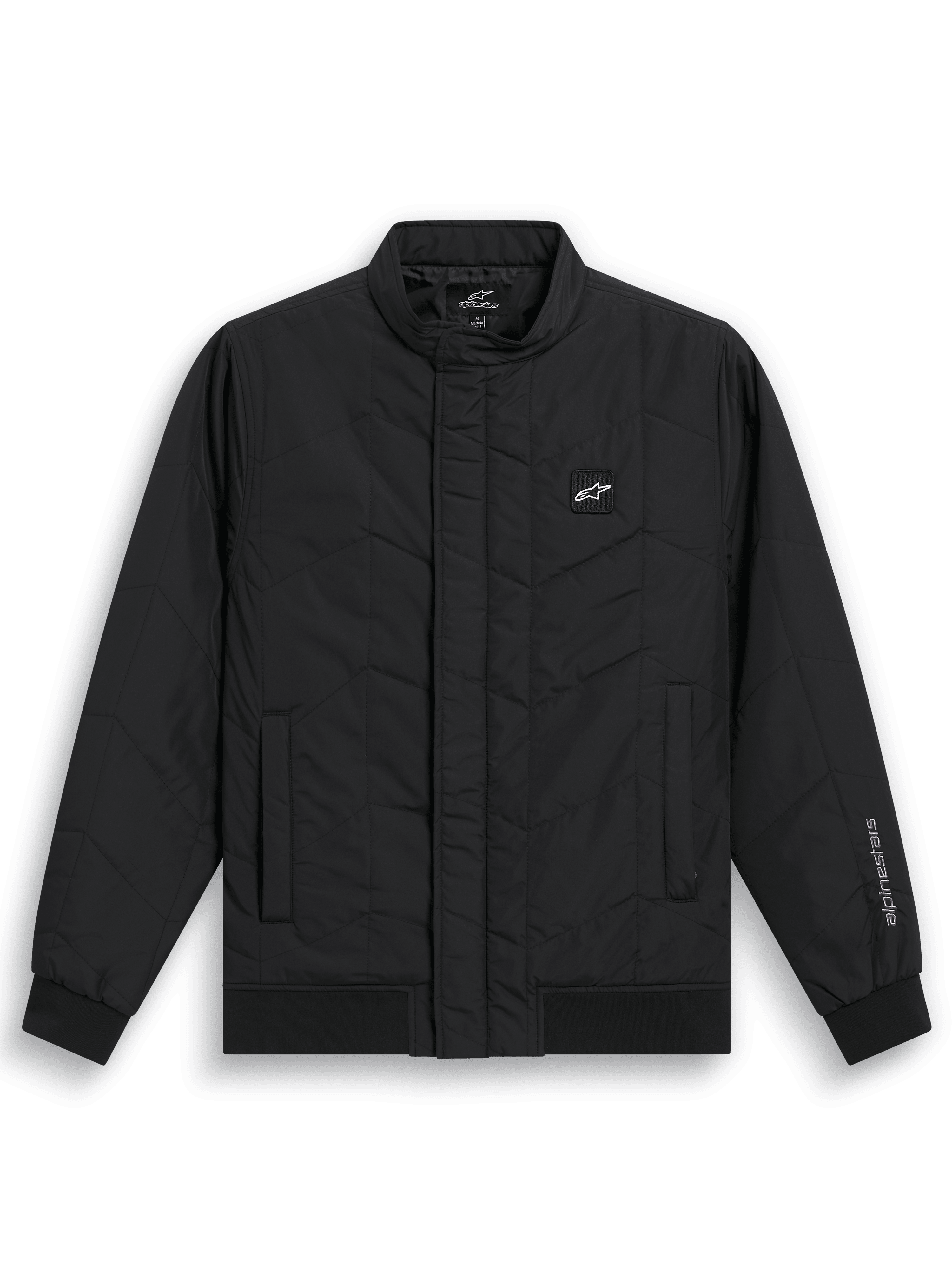 Alpinestars Precedent Jacket, giacca sportswear trapuntata ispirata alla F1, nero, con motivo trapuntato angolato, colletto basso, polsini e orlo a coste, patch logo sul petto e ricamo sulla manica, design casual ispirato al motorsport