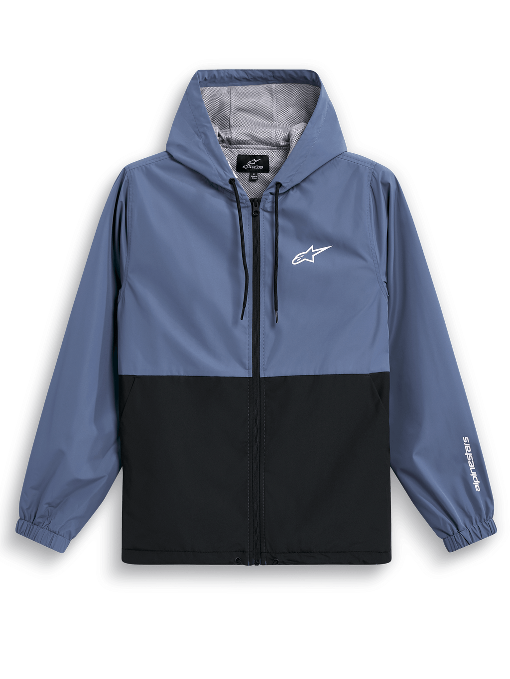 Alpinestars Giacca a Vento Speeder, giacca a vento leggera con cappuccio, blu ardesia e nero, design bicolore a blocchi con logo bianco sul petto e marchio sulla manica, fodera in rete e cappuccio regolabile con cordino