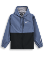 Alpinestars Giacca a Vento Speeder, giacca a vento leggera con cappuccio, blu ardesia e nero, design bicolore a blocchi con logo bianco sul petto e marchio sulla manica, fodera in rete e cappuccio regolabile con cordino
